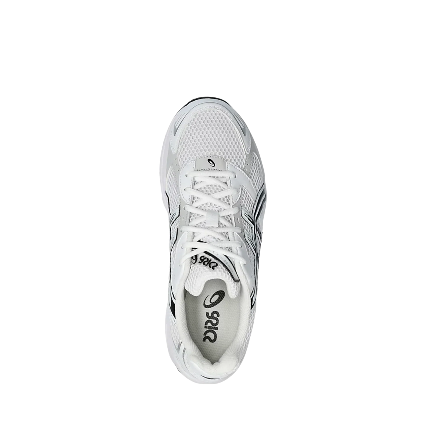 ASICS GEL 1130 White & Black – vue dessus des baskets rétro-tech avec tige respirante, lacets blancs et doublure textile