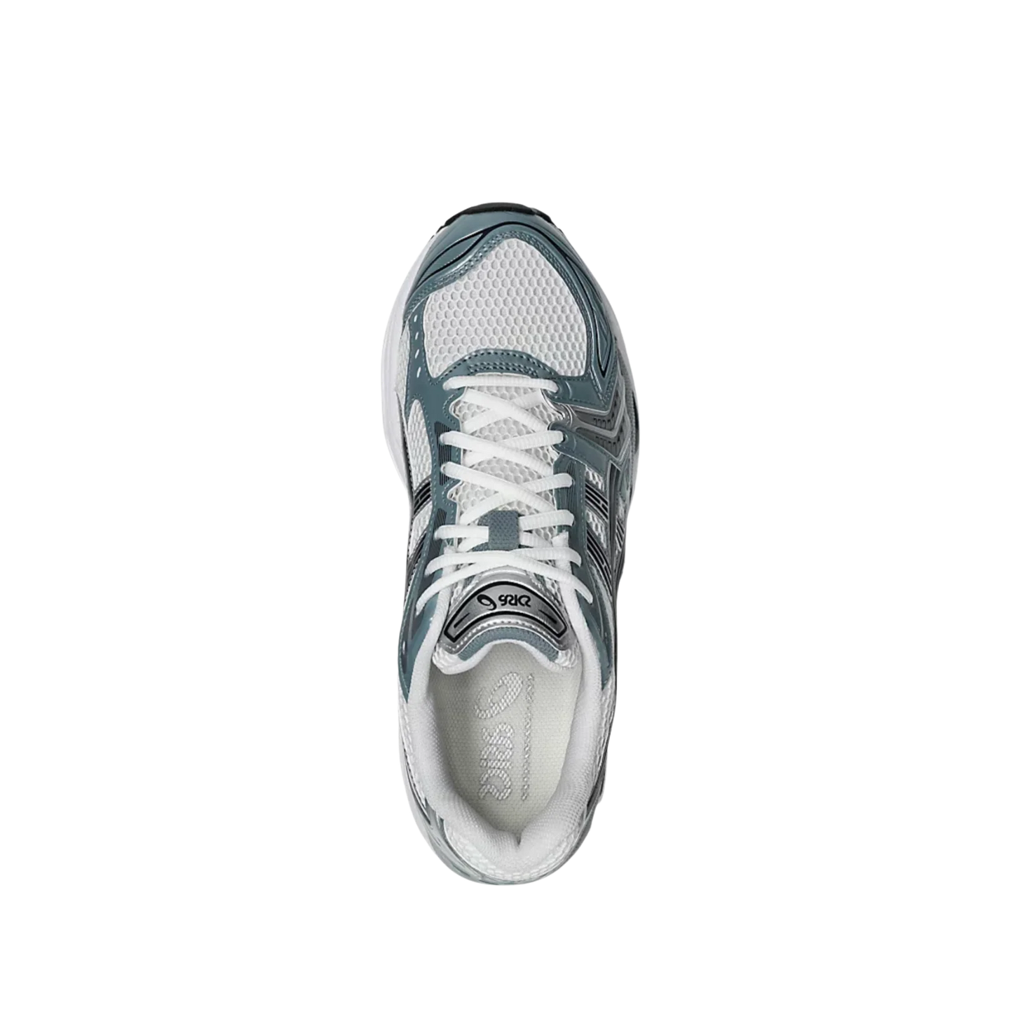 ASICS Kayano 14 White Fjord Grey – vue dessus des baskets rétro-tech en mesh respirant avec lacets blancs et silhouette dynamique
