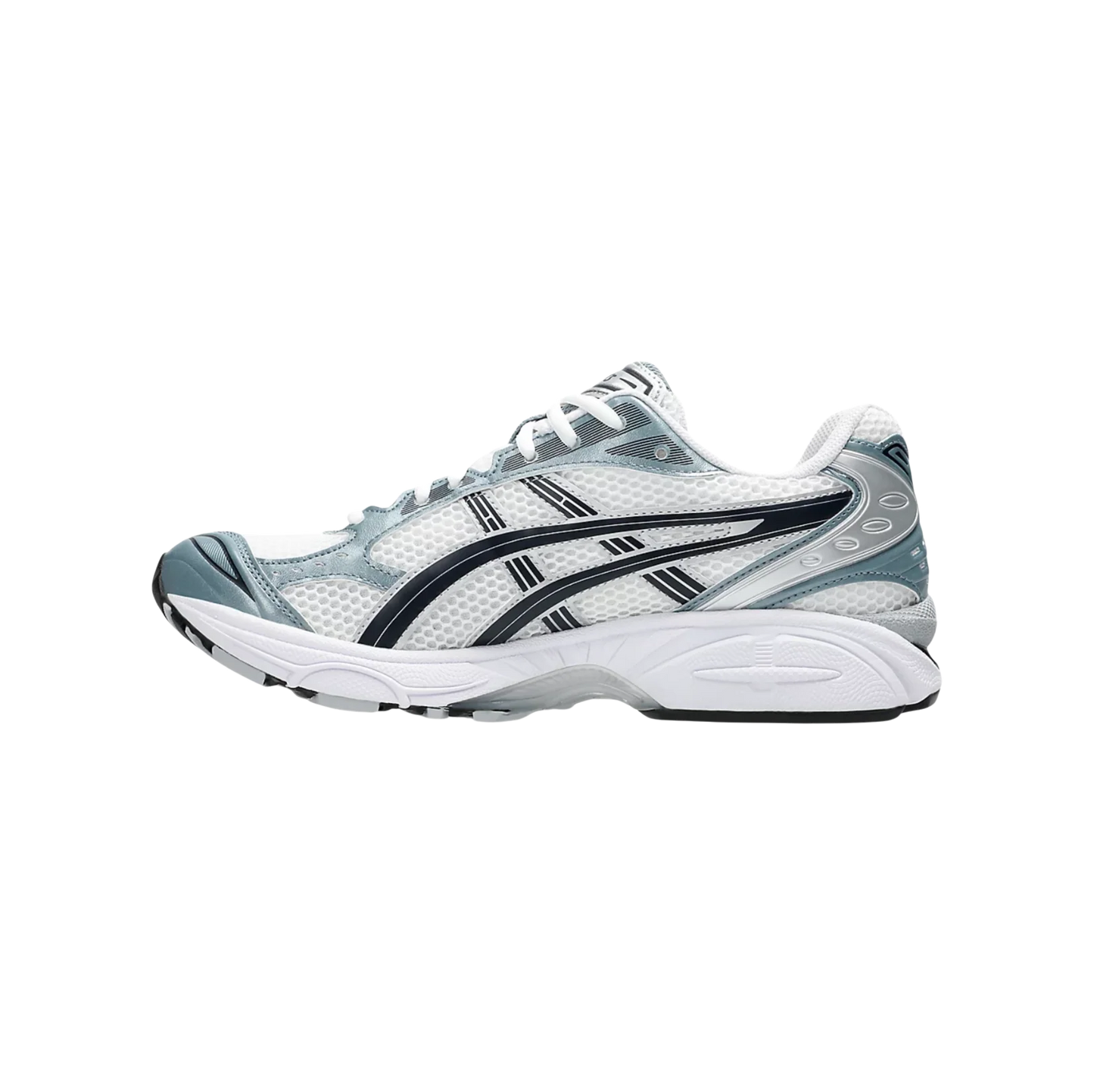 ASICS Kayano 14 White Fjord Grey – vue latérale opposée des baskets rétro-tech des baskets rétro-tech en mesh respirant avec amorti GEL et semelle gomme