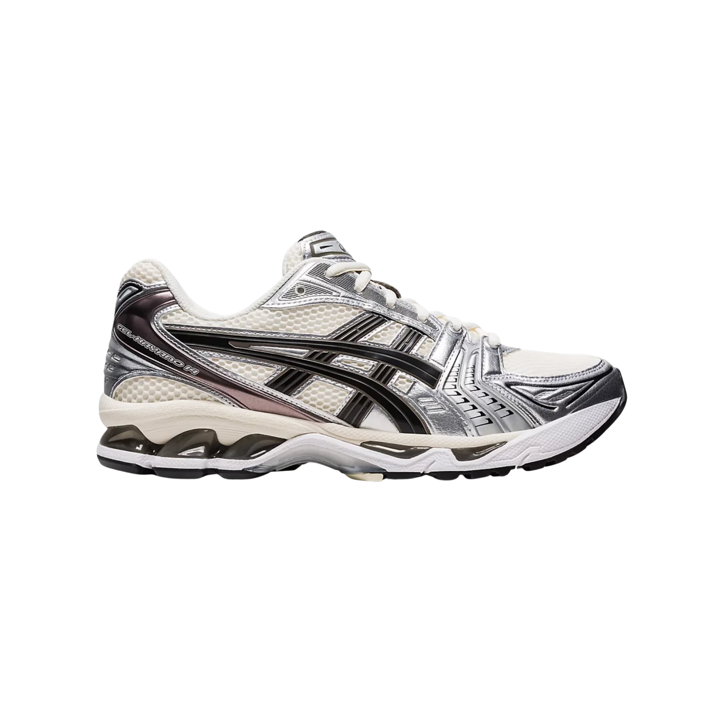ASICS Kayano 14 White Midnight – vue latérale des baskets rétro-tech en mesh blanc avec amorti GEL™ et superpositions argentées