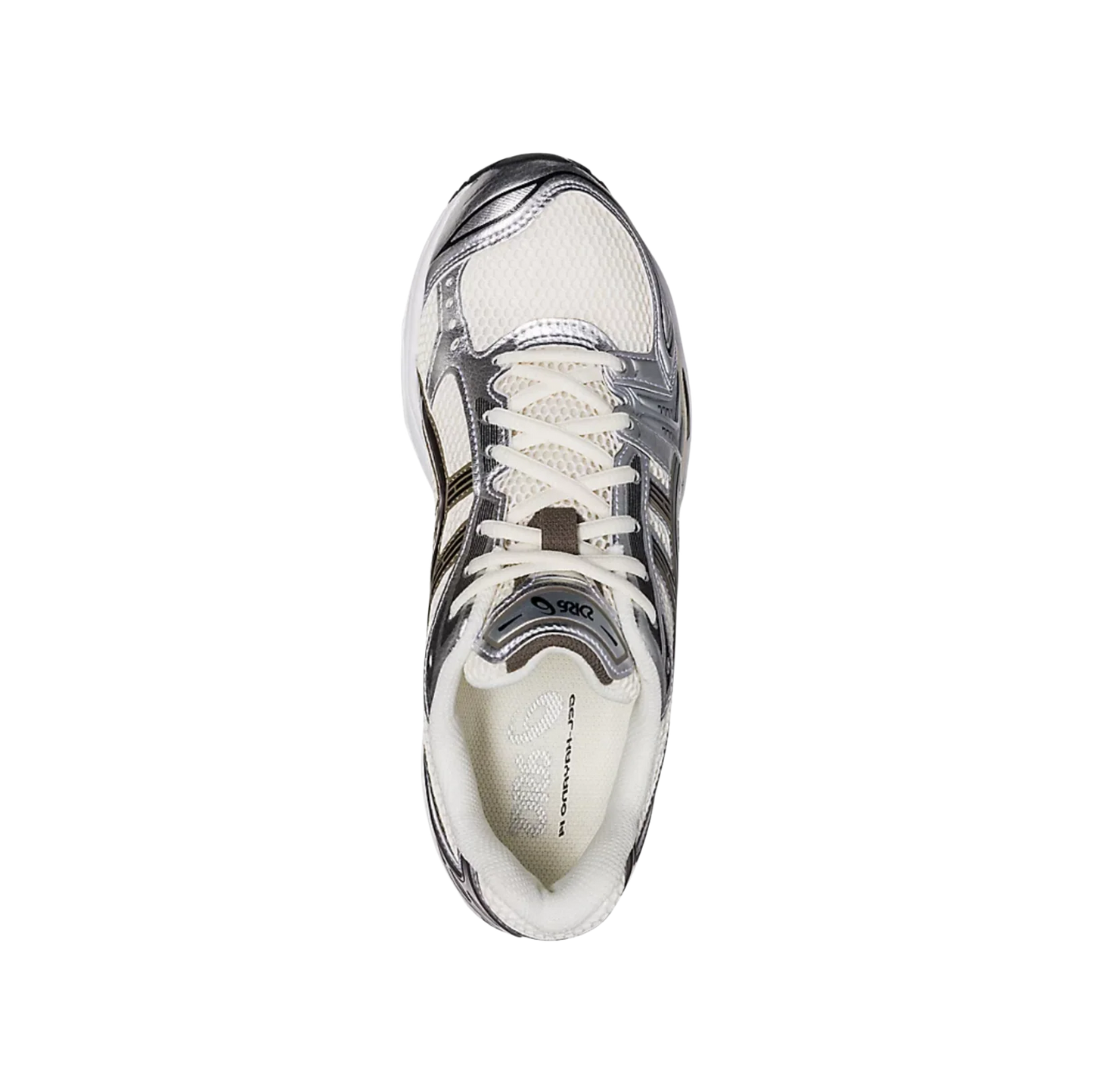 ASICS Kayano 14 White Midnight – vue du dessus des baskets rétro-tech en mesh respirant blanc et détails Midnight