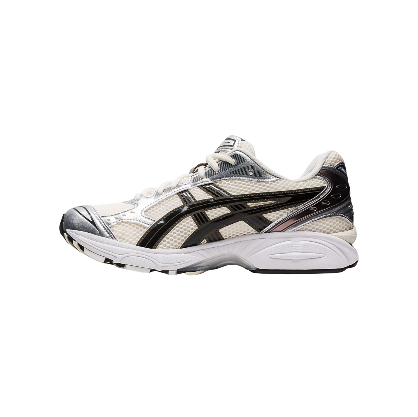 ASICS Kayano 14 White Midnight – vue latérale opposée des baskets rétro-tech avec mesh alvéolé, superpositions métalliques et semelle GEL™