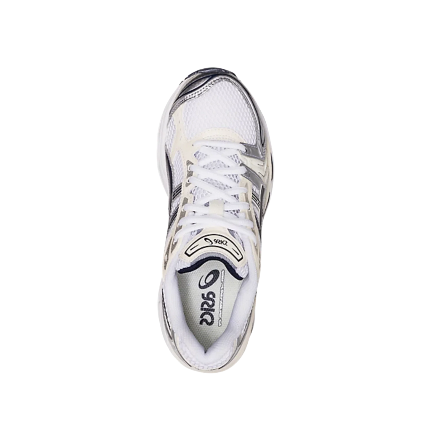 ASICS Kayano 14 White Midnight – vue dessus des baskets rétro-tech en mesh respirant blanc avec lacets blancs