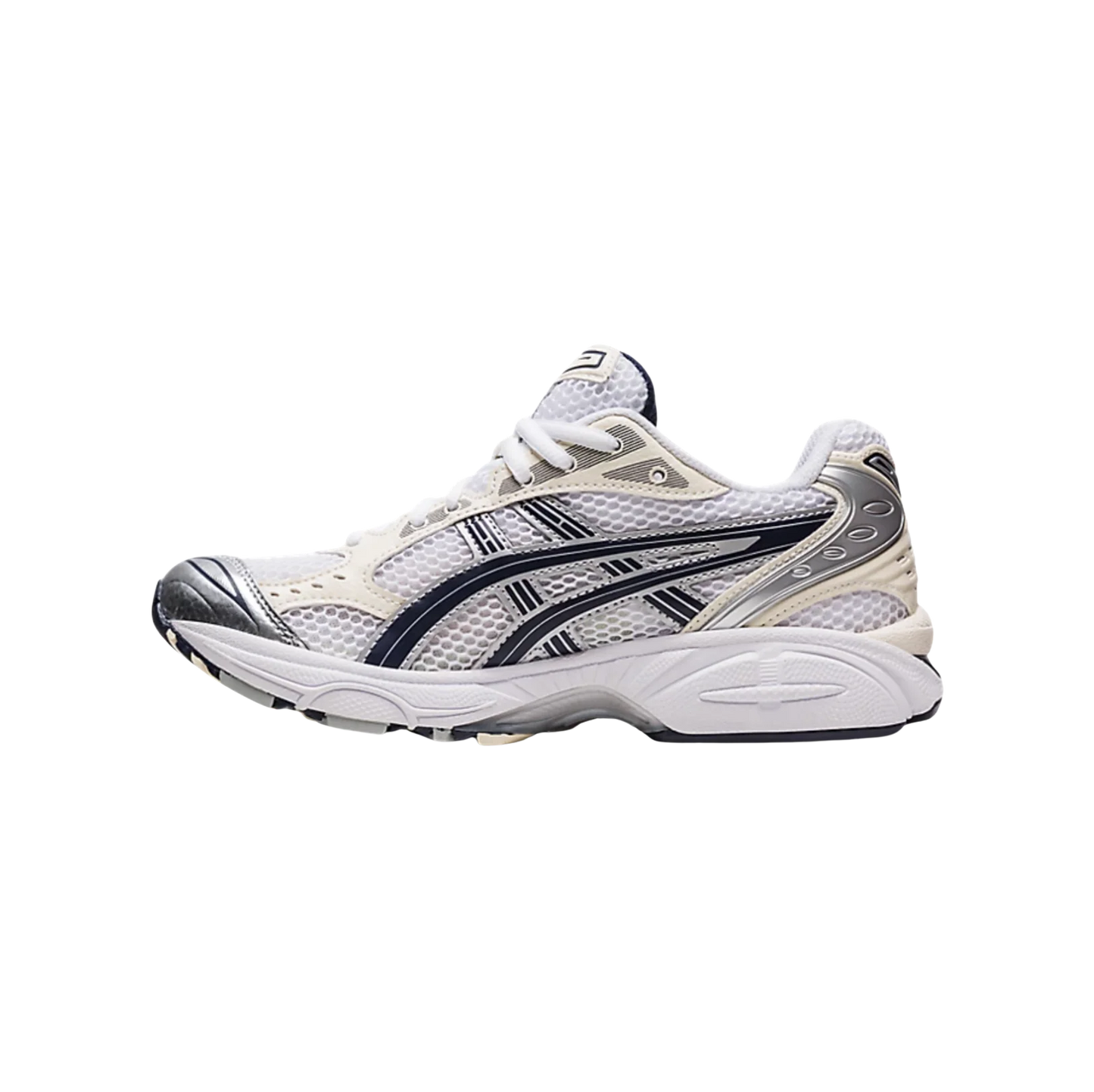 ASICS Kayano 14 White Midnight – vue latérale opposée des baskets rétro-tech avec détails argentés et amorti GEL