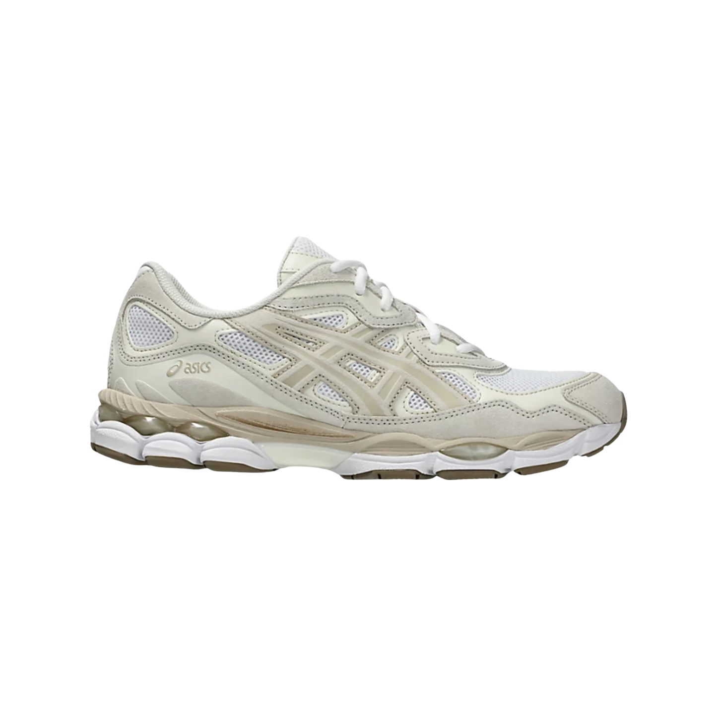 Asics GEL NYC Feather Grey – vue latérale des baskets rétro-tech avec tige en cuir et textile et détails crème