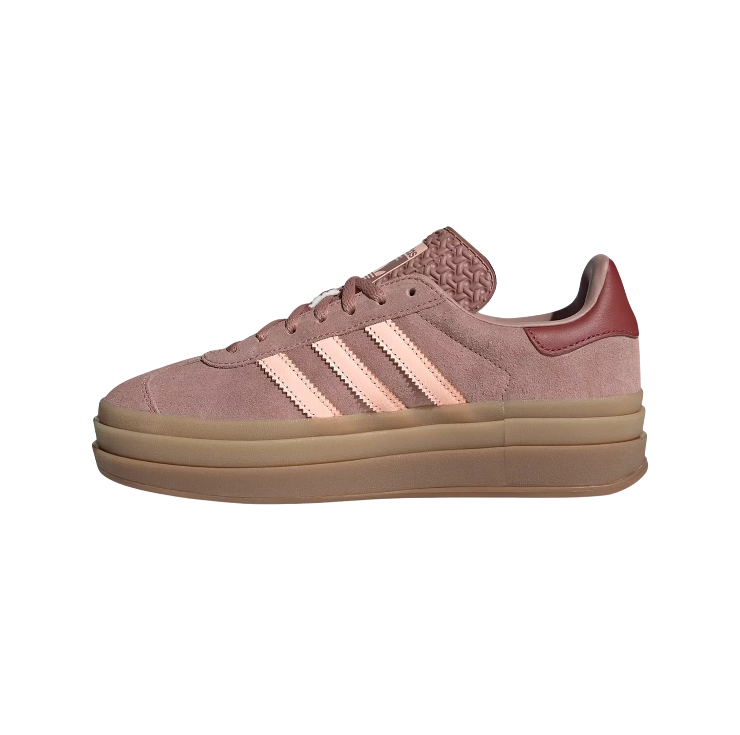 Adidas Gazelle Bold Clay – vue latérale opposée des baskets rétro en suède avec semelle plateforme gomme et bandes orange vif