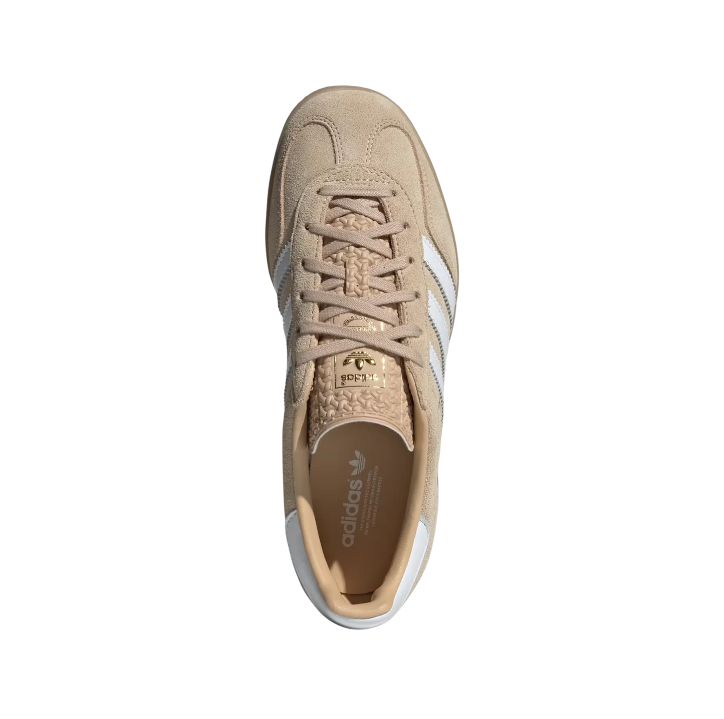 Adidas Gazelle Indoor Magic Beige – vue dessus des baskets rétro en suède beige avec semelle gomme et bandes blanches