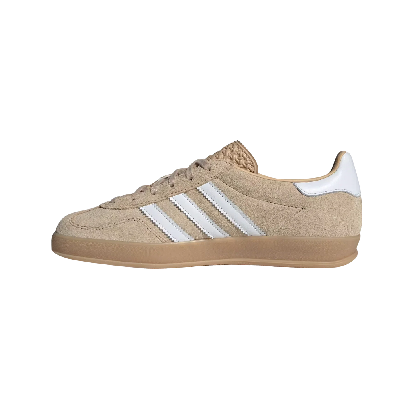 Adidas Gazelle Indoor Magic Beige – vue latérale opposée des baskets rétro en suède beige avec semelle gomme et bandes blanches