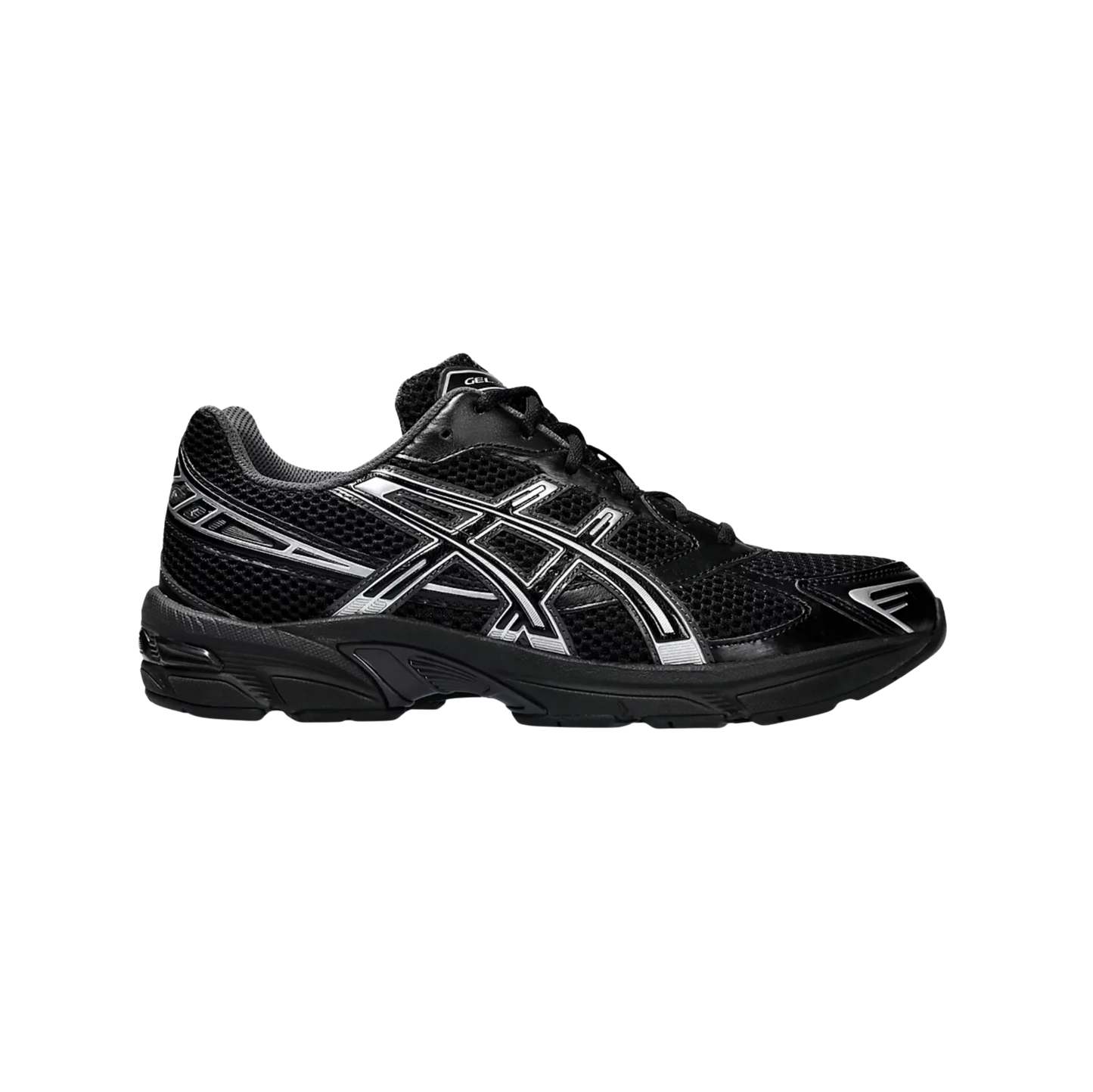 ASICS GEL 1130 Black – vue latérale des baskets rétro-tech unisexe avec tige noire respirante, empiècements synthétiques et semelle gomme.