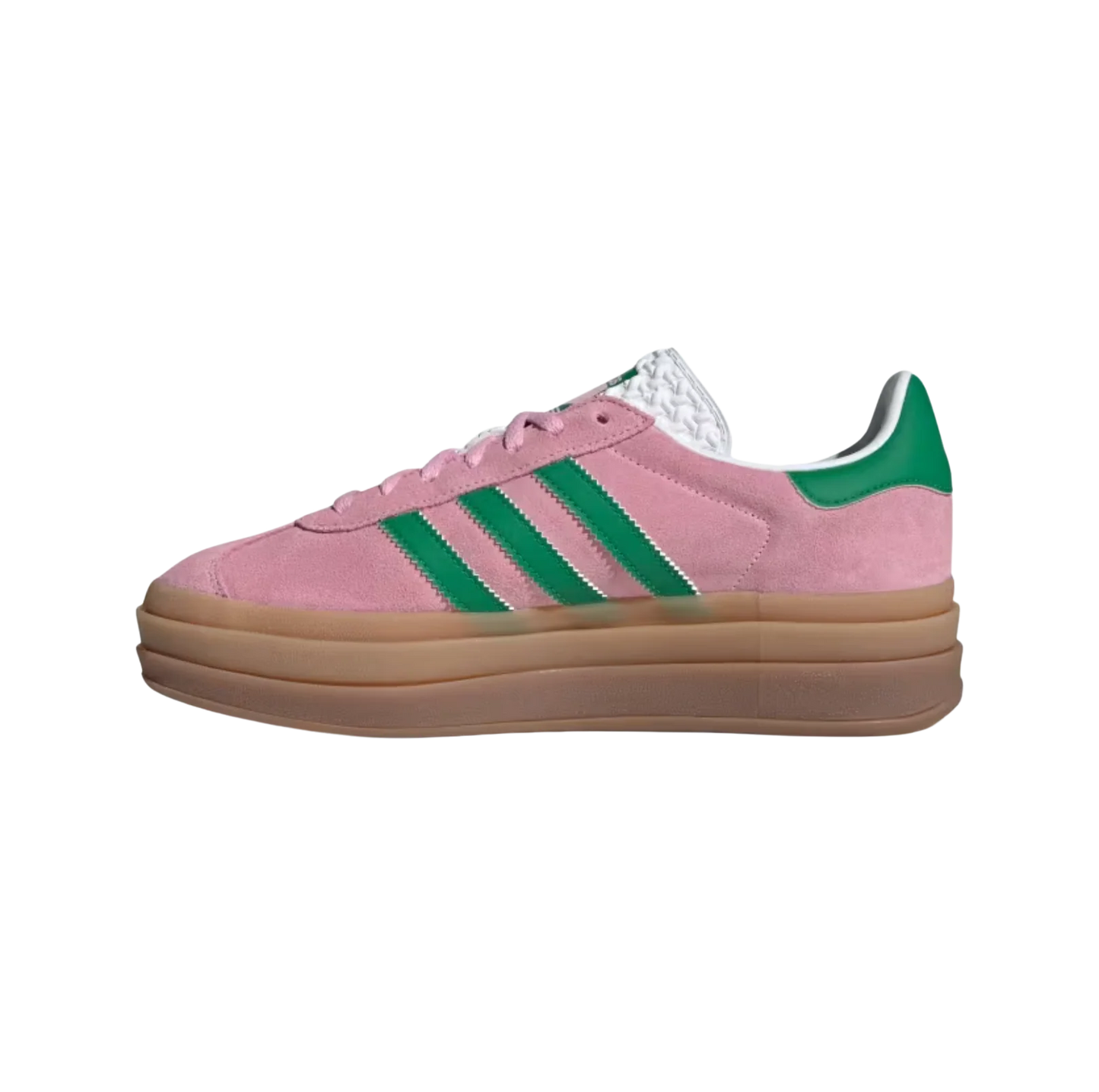Adidas Gazelle Bold True Pink – vue latérale opposée des baskets rétro en suède avec semelle plateforme gomme et bandes vertes