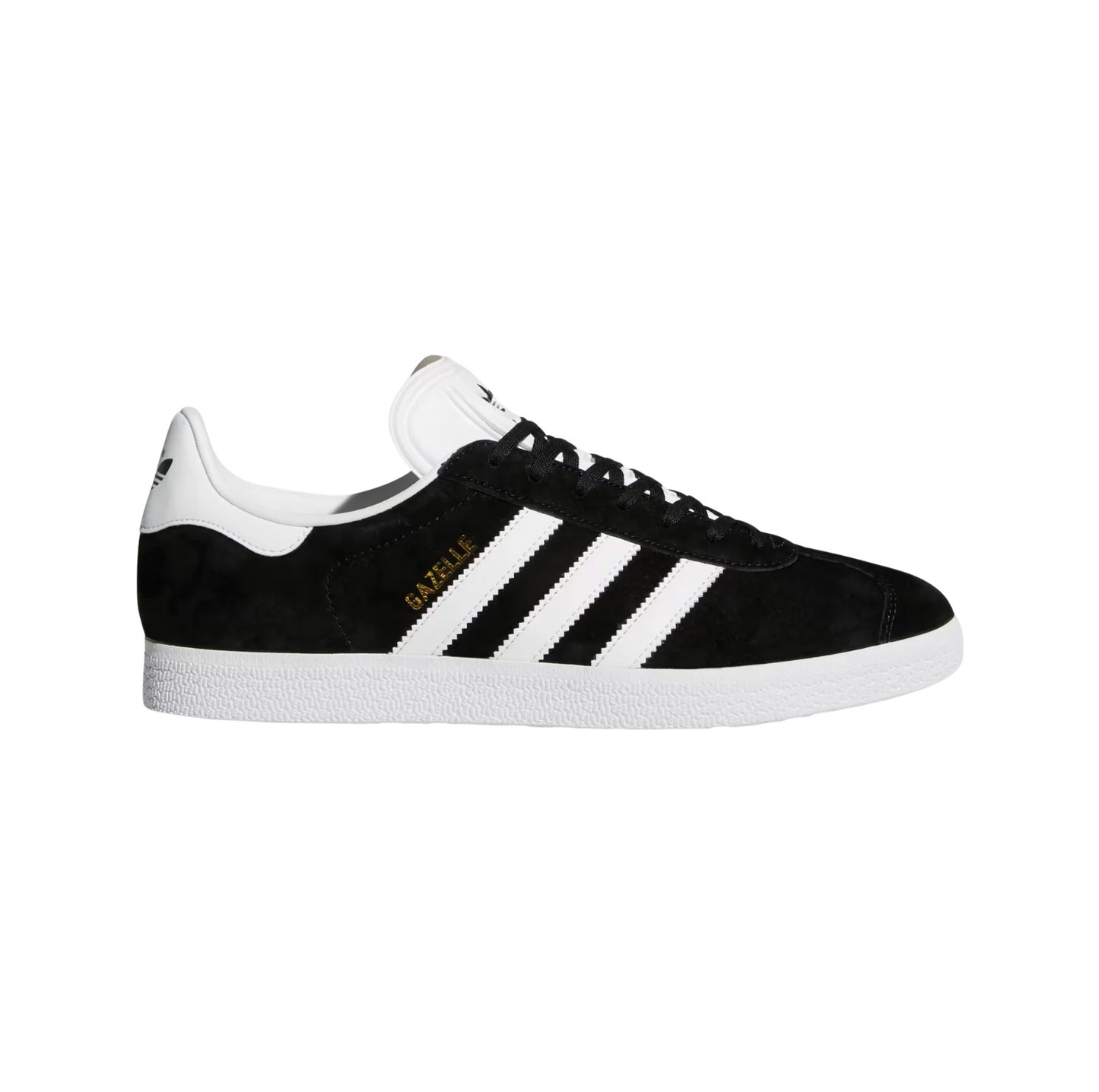 didas Gazelle Core Black – vue latérale des baskets rétro en nubuck avec semelle gomme et bandes blanches