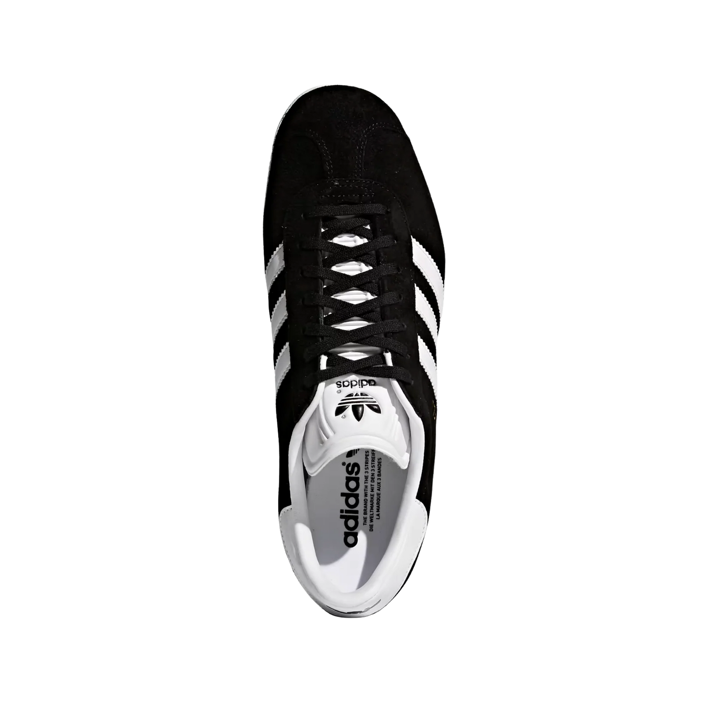 Adidas Gazelle Core Black – vue dessus des baskets rétro en nubuck avec semelle gomme et bandes blanches