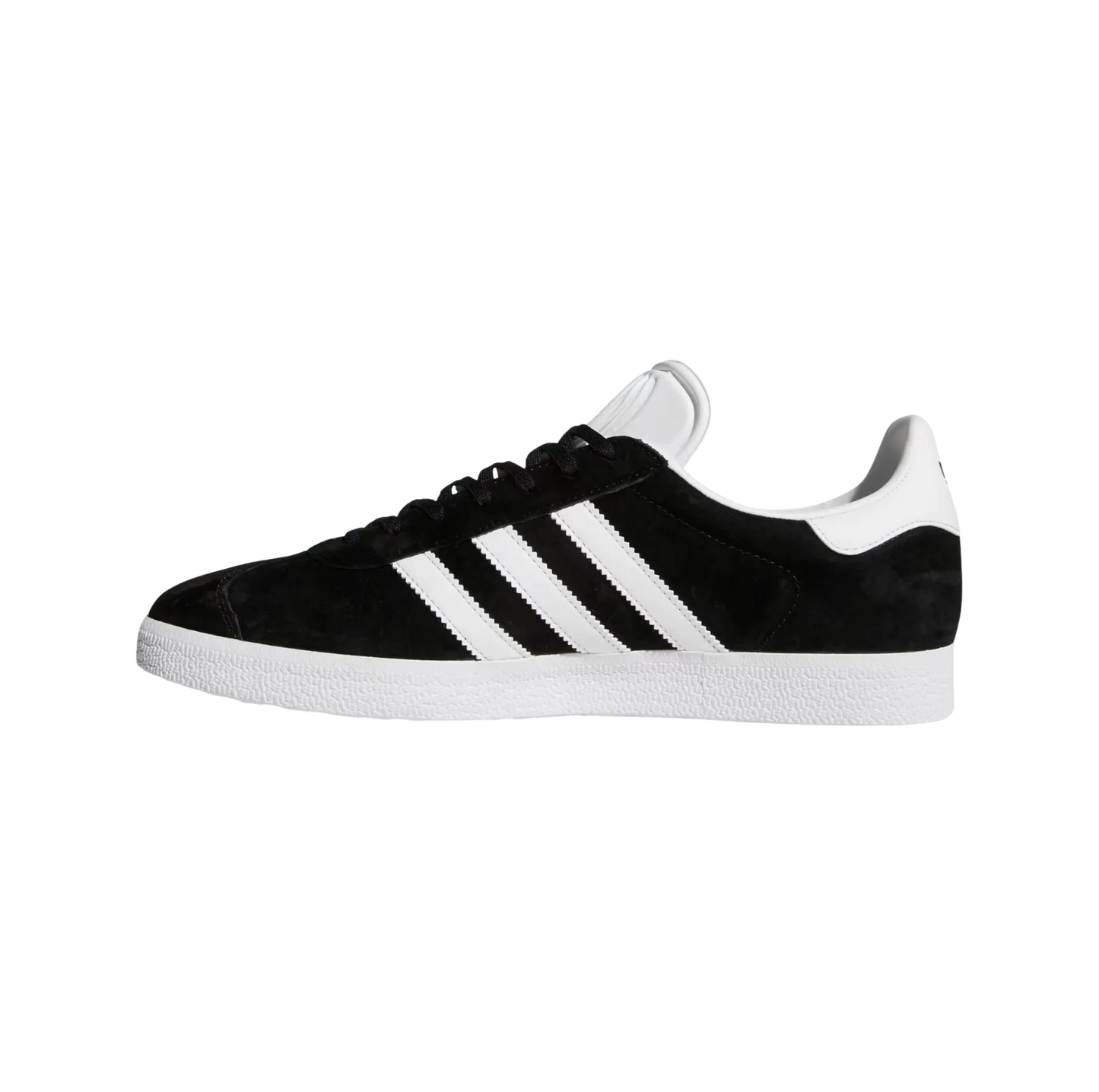 Adidas Gazelle Core Black – vue latérale opposée des baskets rétro en nubuck avec semelle gomme et bandes blanches