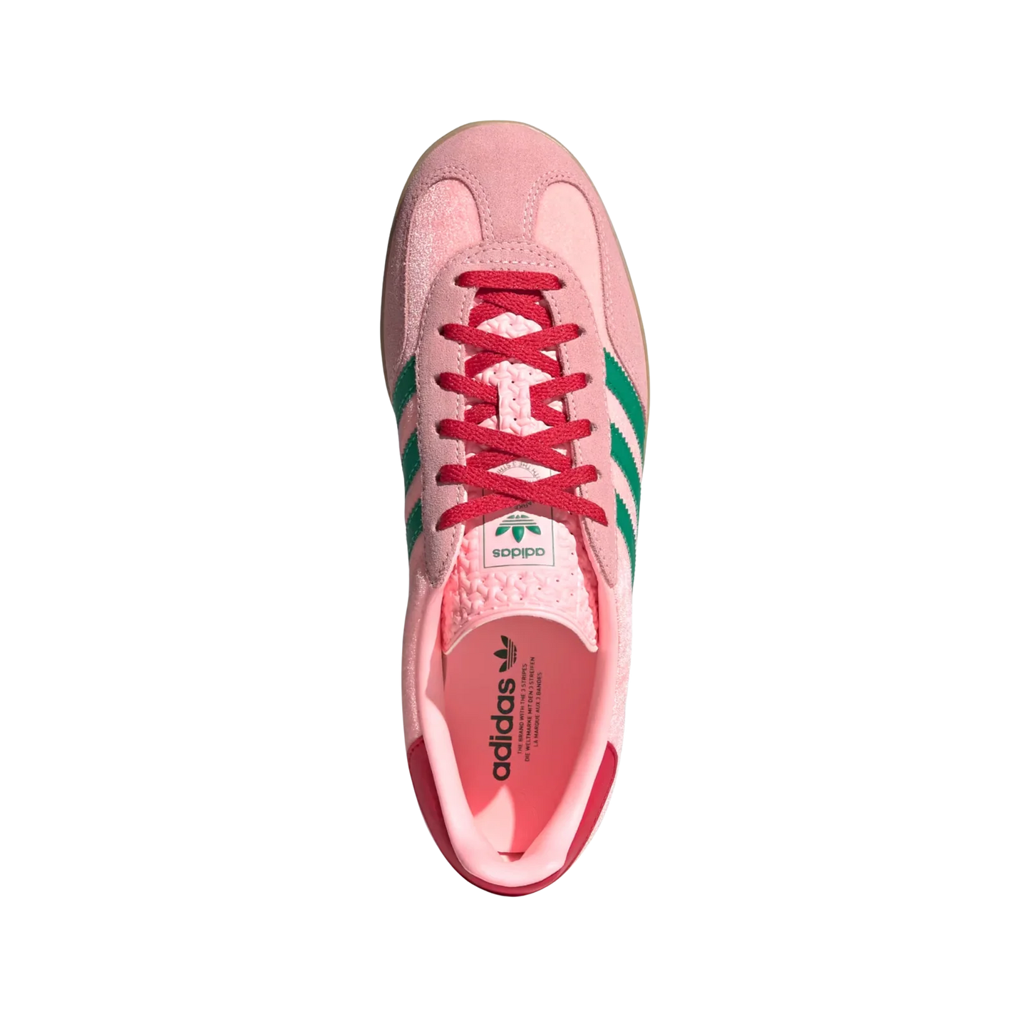 Adidas Gazelle Indoor Glow Pink – vue dessus des baskets rétro en velours rose avec semelle gomme et bandes vertes