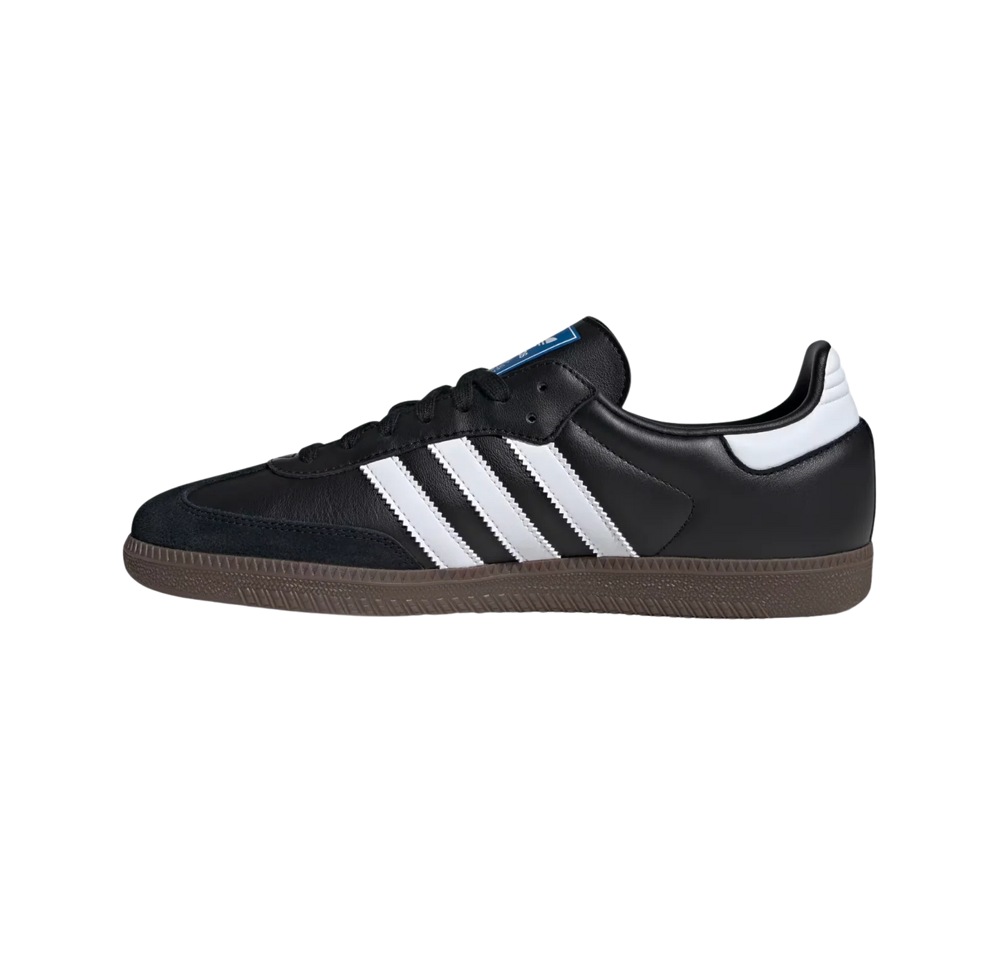 Adidas Samba OG Core Black – vue latérale opposée des baskets rétro en cuir pleine fleur avec semelle gomme et bandes blanches
