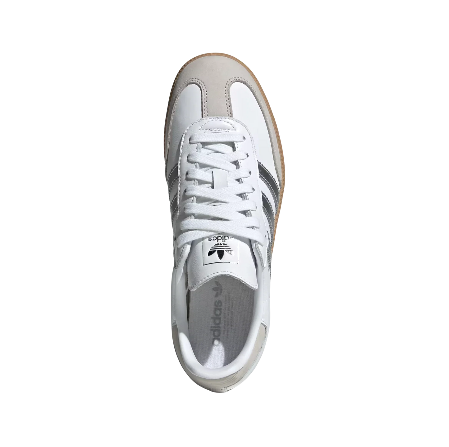 Adidas Samba OG White Silver – vue dessus des baskets rétro en cuir et suède blanc avec semelle gomme et détails argentés