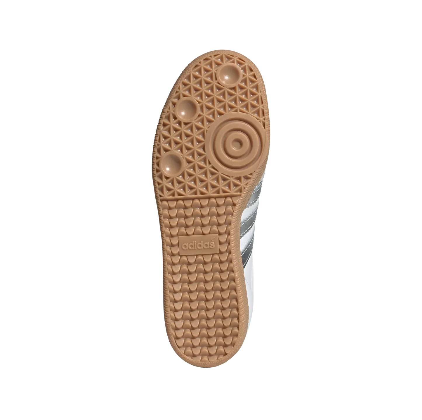 Adidas Samba OG White Silver – vue semelle des baskets rétro en cuir et suède blanc avec semelle gomme et détails argentés