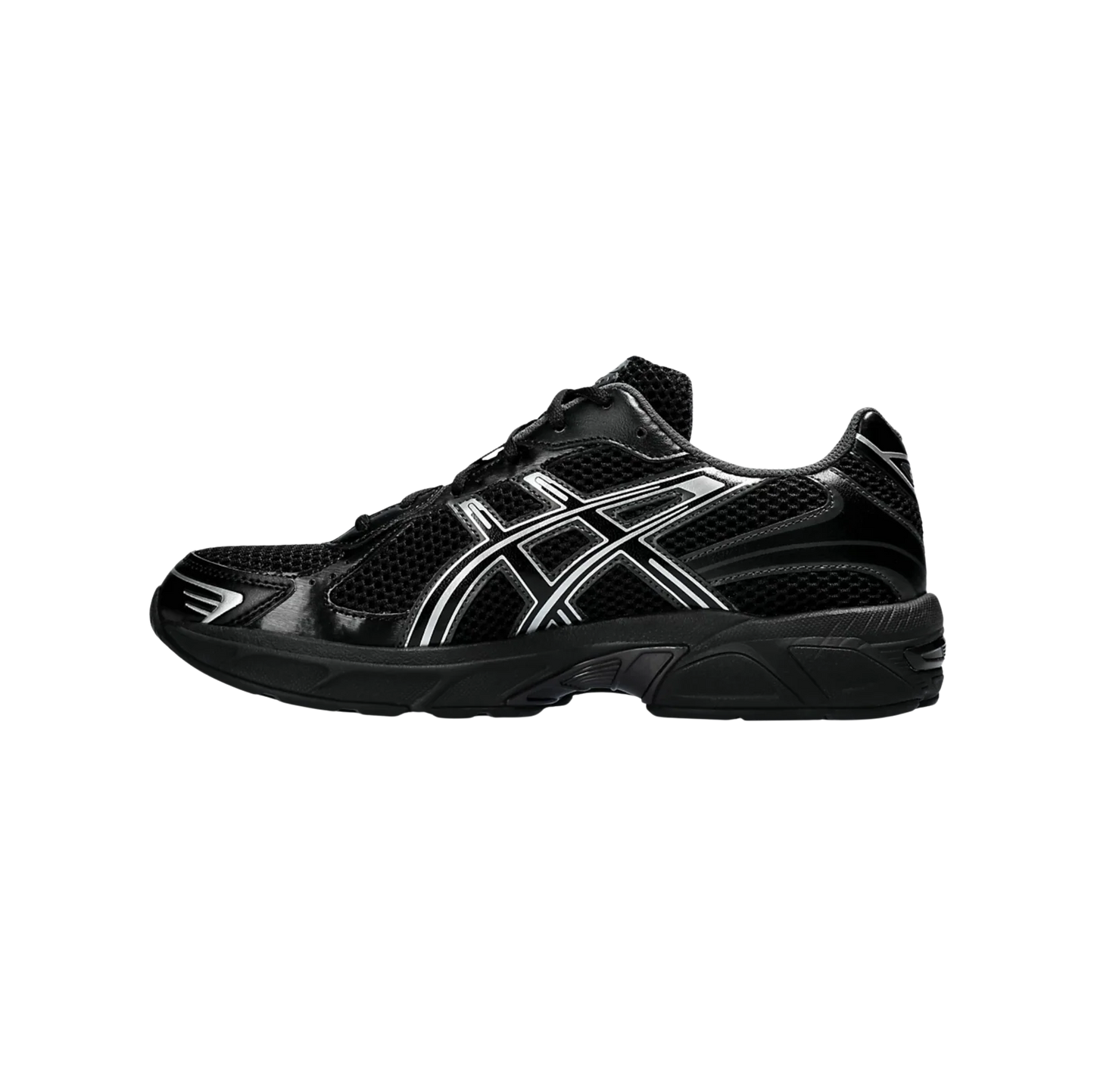 ASICS GEL 1130 Black – vue latérale opposée des baskets rétro-tech en mesh noir et synthétique avec amorti GEL visible