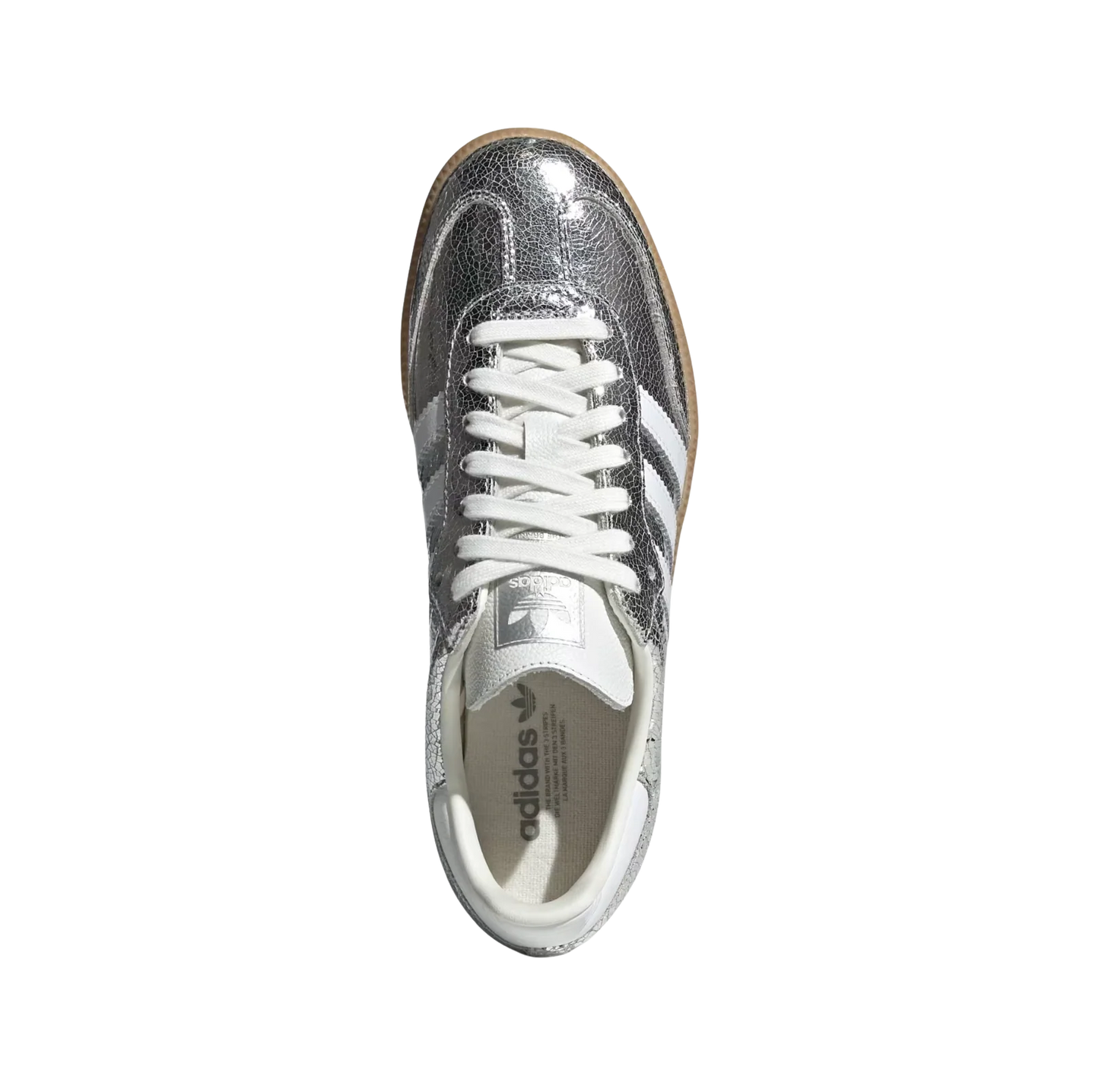 Adidas Samba OG Silver Metallic – vue latérale des baskets rétro en cuir métallisé effet craquelé avec semelle gomme et bandes blanches