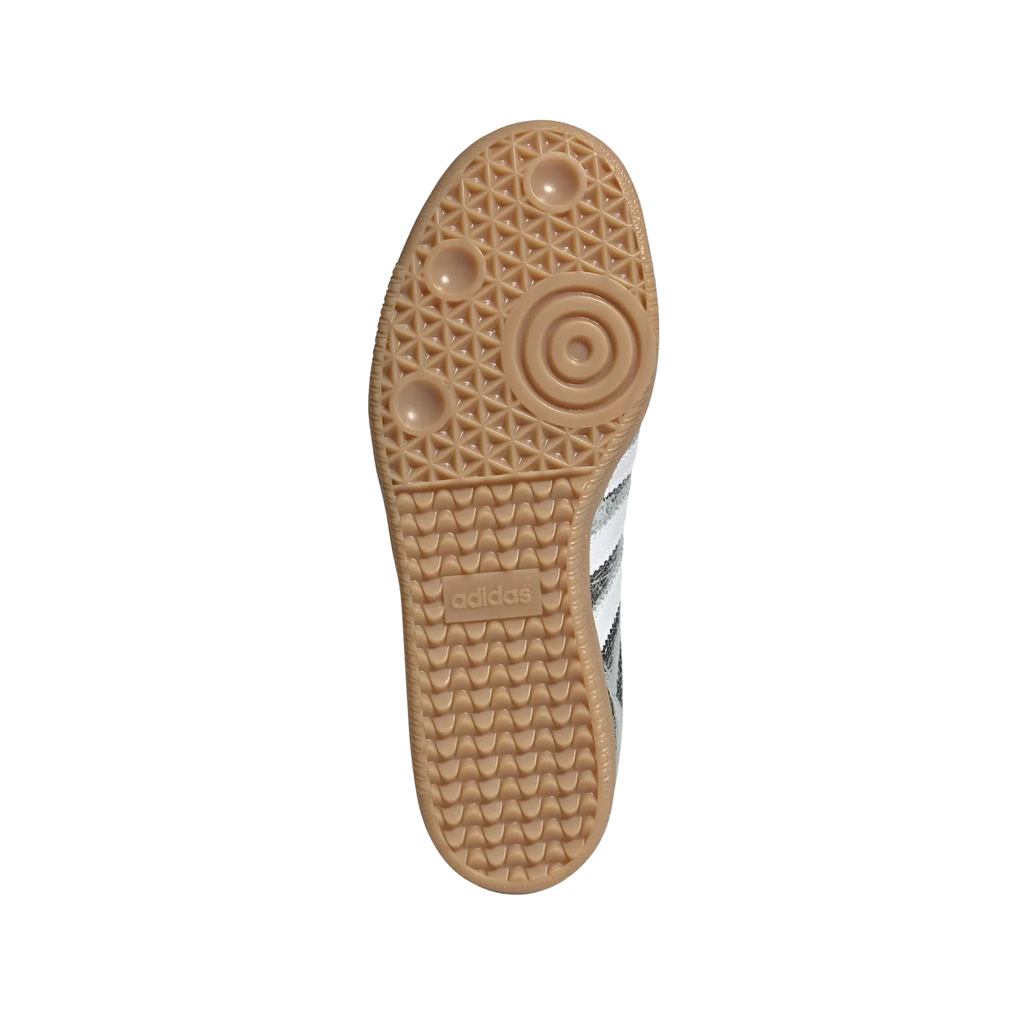 Adidas Samba OG Silver Metallic – vue semelle des baskets rétro en cuir métallisé effet craquelé avec semelle gomme et bandes blanches