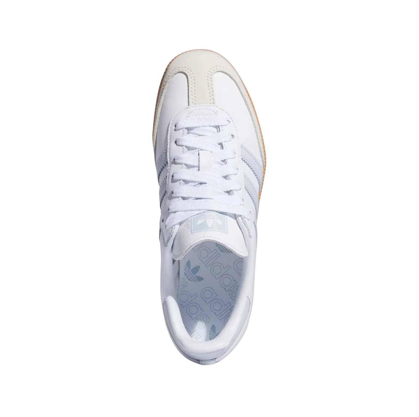 Adidas Samba OG Cloud White – vue dessus des baskets rétro en cuir avec semelle gomme et détails bleu clair