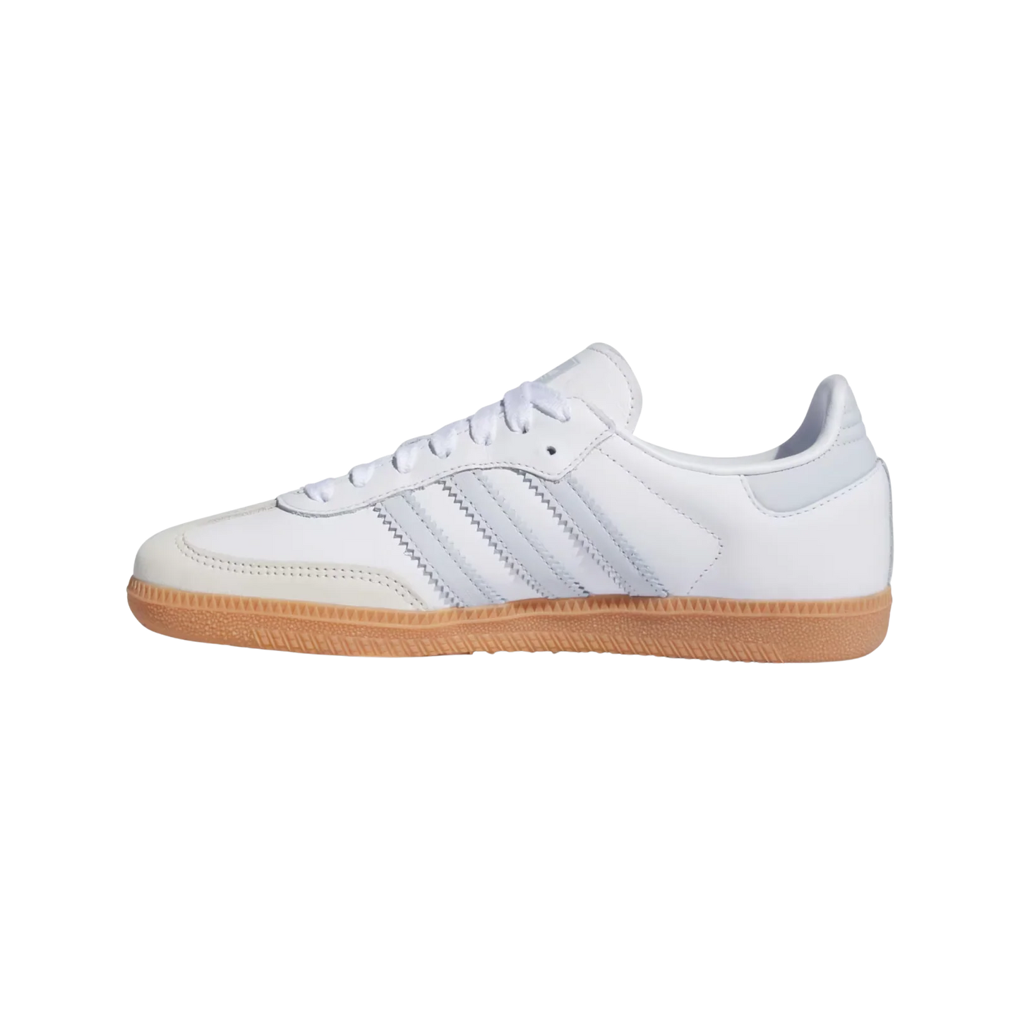 Adidas Samba OG Cloud White – vue latérale opposée des baskets rétro en cuir avec semelle gomme et détails bleu clair