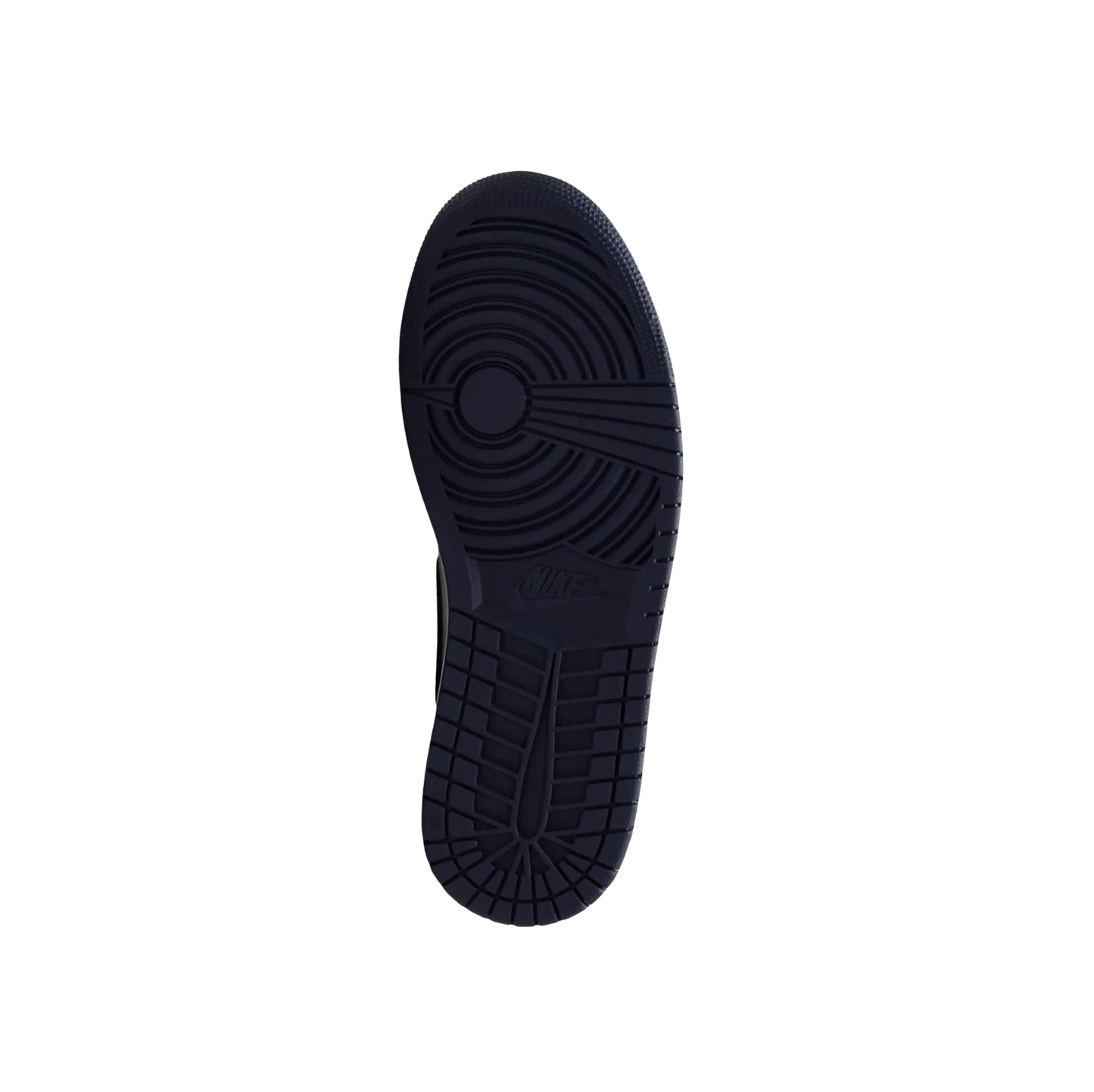 Jordan 1 Low OG Obsidian – vue semelle des baskets rétro avec semelle extérieure noire texturée pour une adhérence optimale.