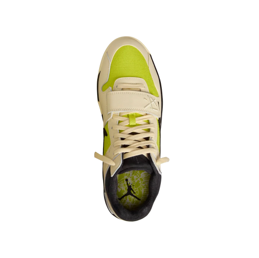 Jordan 1 Travis Scott Bright Cactus – vue-dessus des baskets en toile Bright Cactus avec swoosh noir et empiècements crème