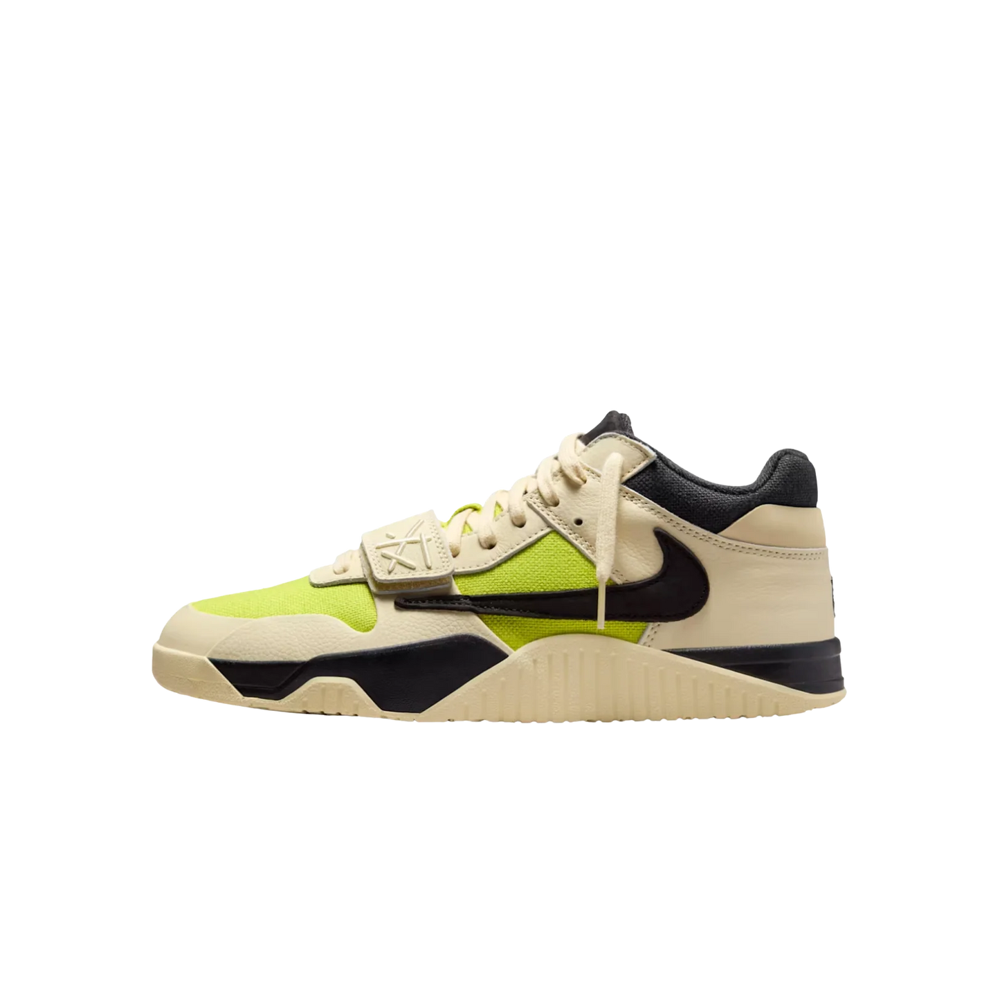 Jordan 1 Travis Scott Bright Cactus – vue latérale opposée des baskets en cuir Muslin et toile fluo avec branding Cactus Jack