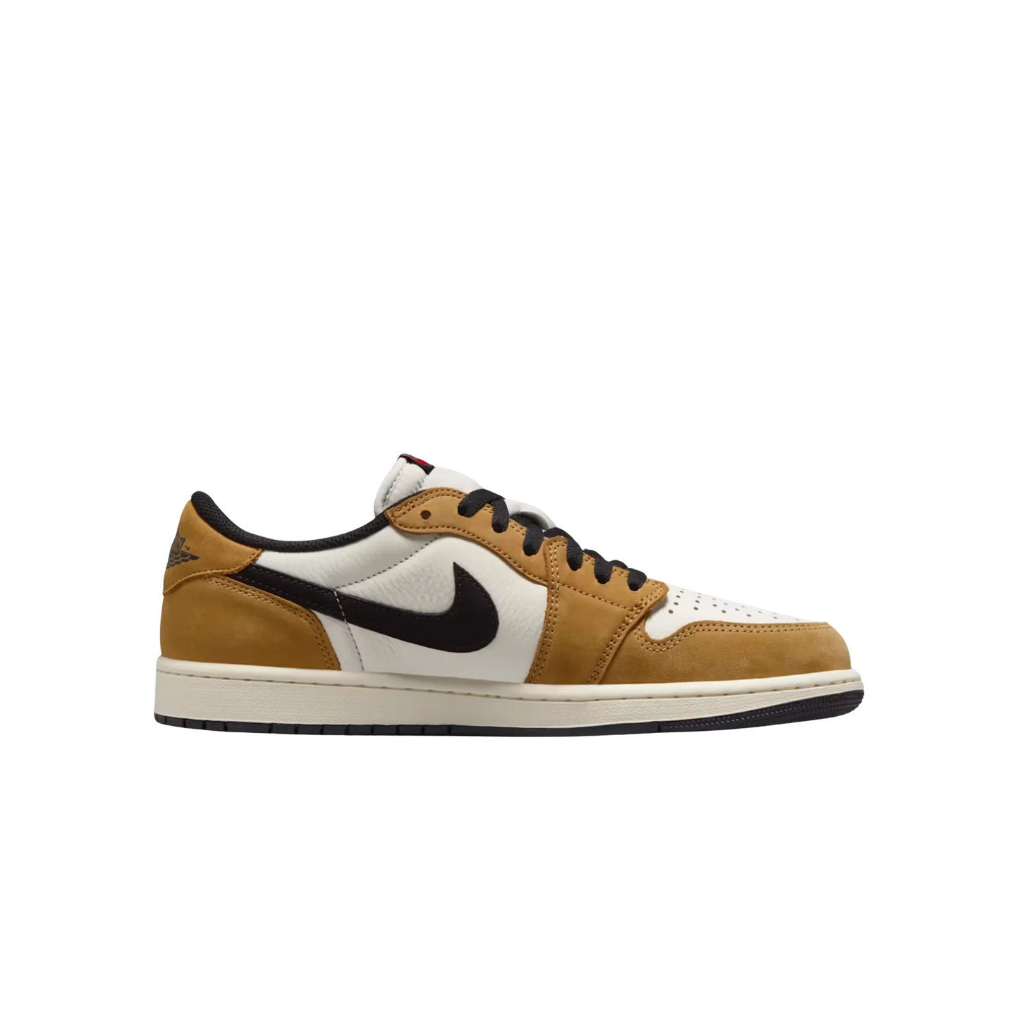 Jordan 1 Low Rookie Of The Year – vue latérale des baskets en cuir premium Golden Harvest et Swoosh noir
