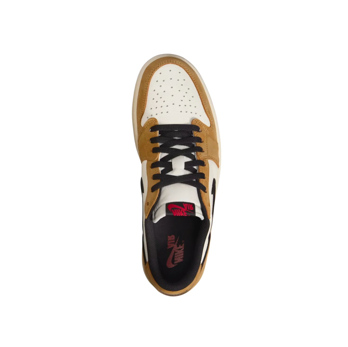 Jordan 1 Low Rookie Of The Year – vue dessus avec toebox perforée, lacets noirs et doublure Nike Air