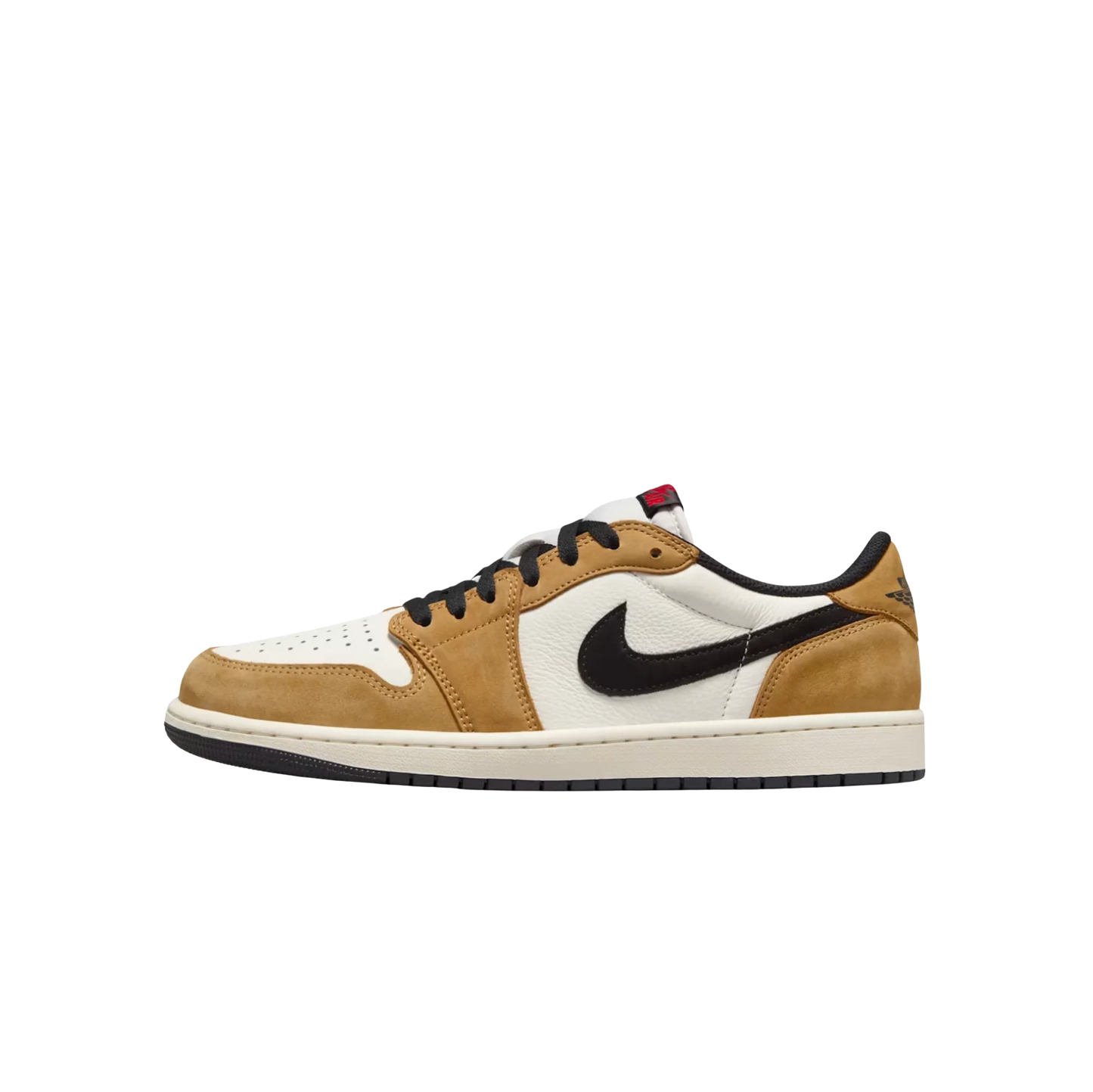 Jordan 1 Low Rookie Of The Year – vue latérale opposée en cuir texturé et nubuck doré avec Swoosh noir