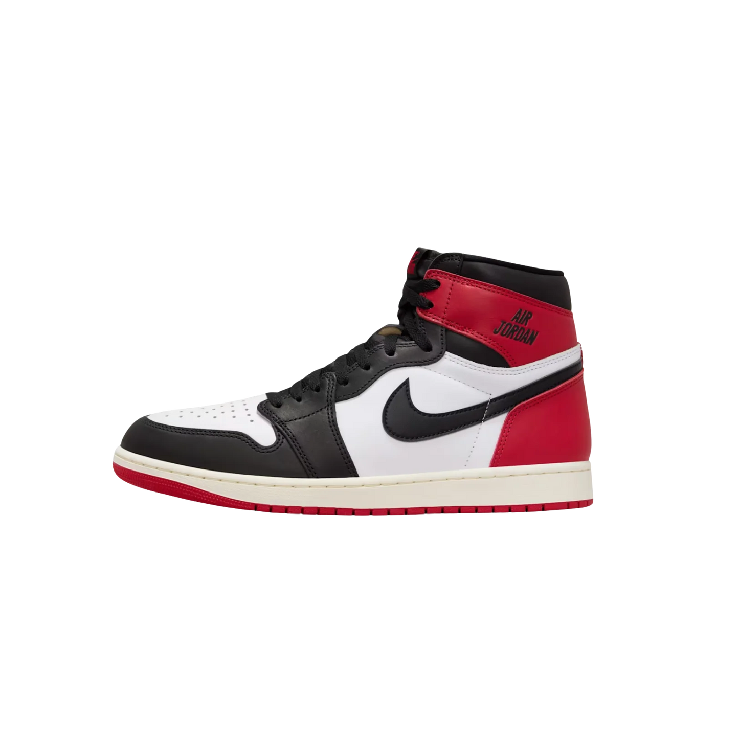 Jordan 1 Black Toe Reimagined – vue latérale opposée des baskets rétro en cuir avec logo Air Jordan et finition vintage Sail