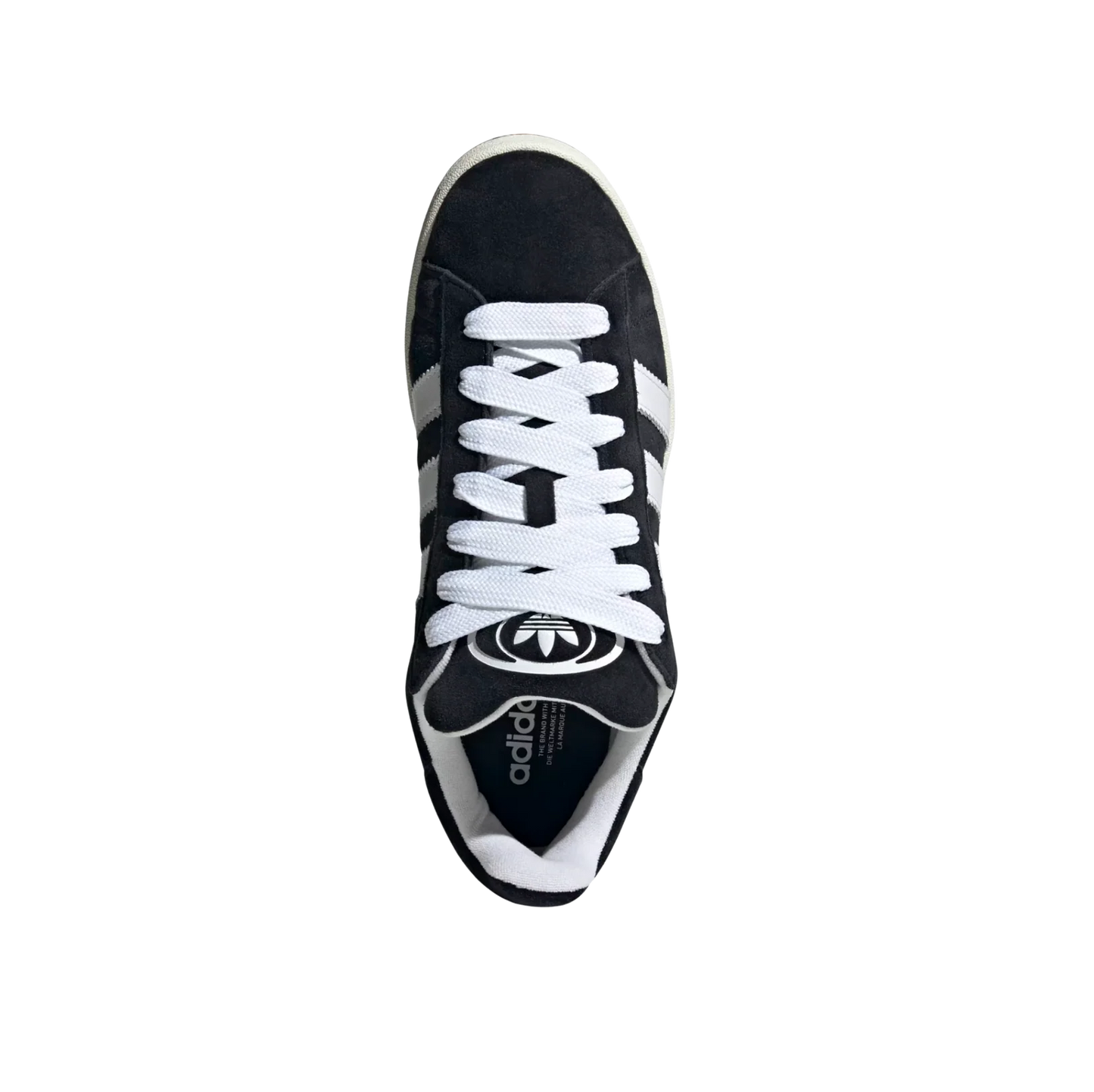 Adidas Campus Core Black – vue du dessus des baskets rétro en cuir noir avec lacets blancs et doublure éponge