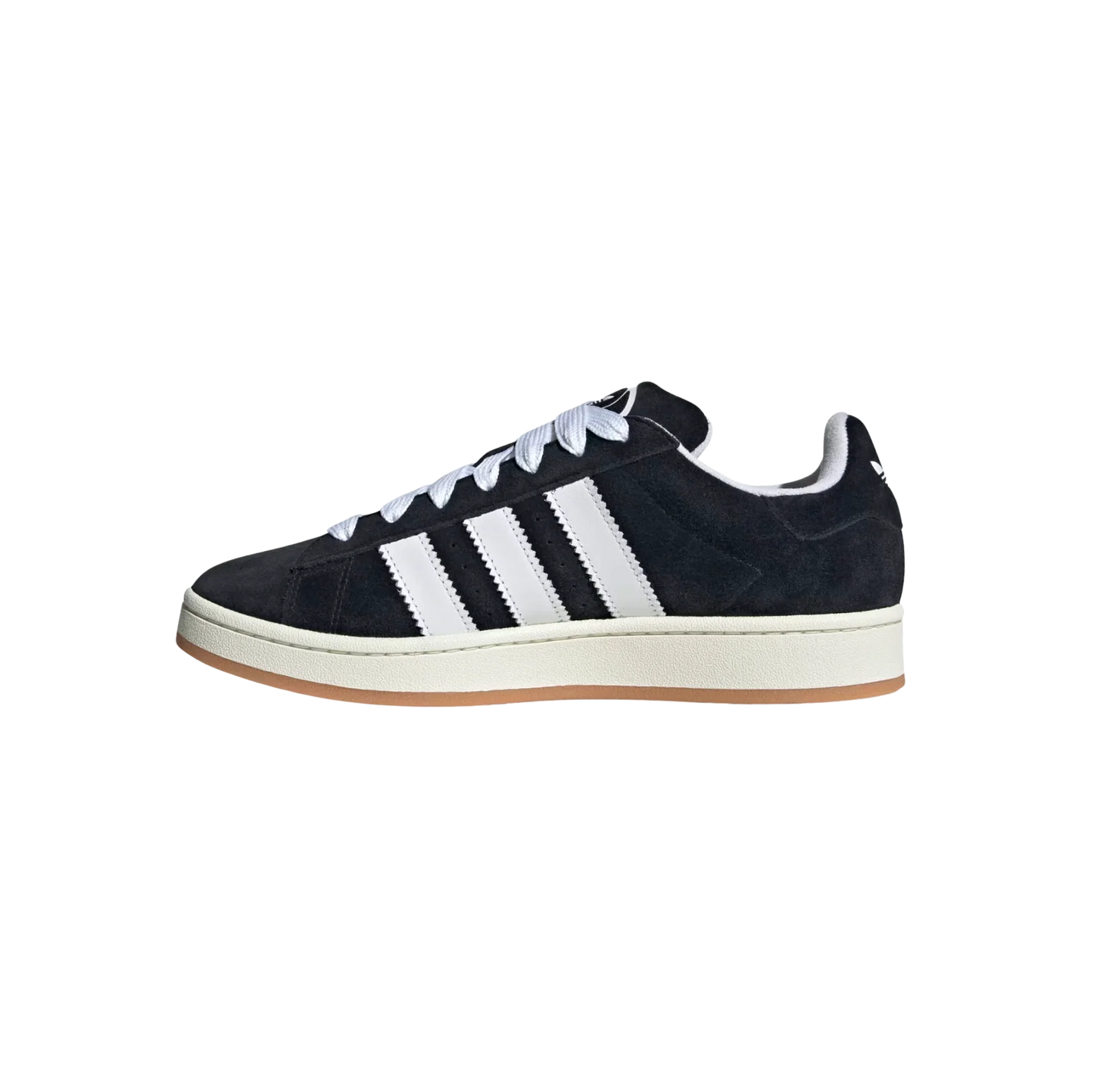 Adidas Campus Core Black – vue latérale opposée des baskets rétro en cuir noir avec 3 bandes blanches et semelle off white