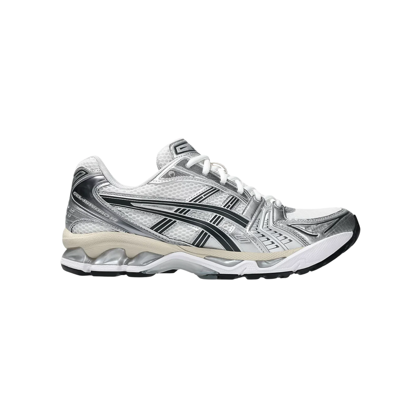 ASICS Kayano 14 Graphite Grey White – vue latérale des baskets rétro-tech en mesh respirant avec amorti GEL™ et semelle extérieure en gomme