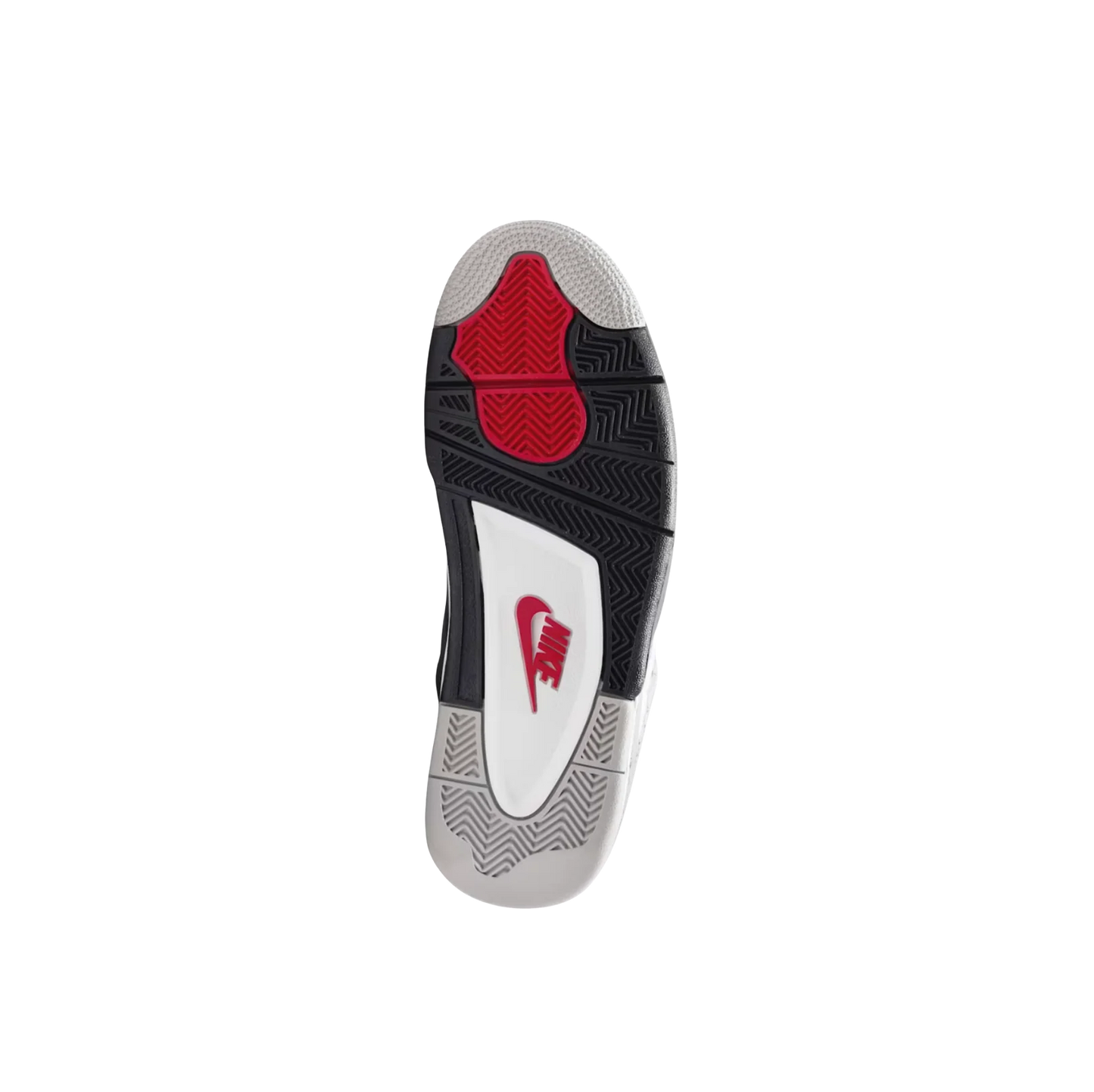 jordan 4 OG White Cement – vue semelle avec motif adhérent gris, noir et insert rouge Nike pour une traction optimale.