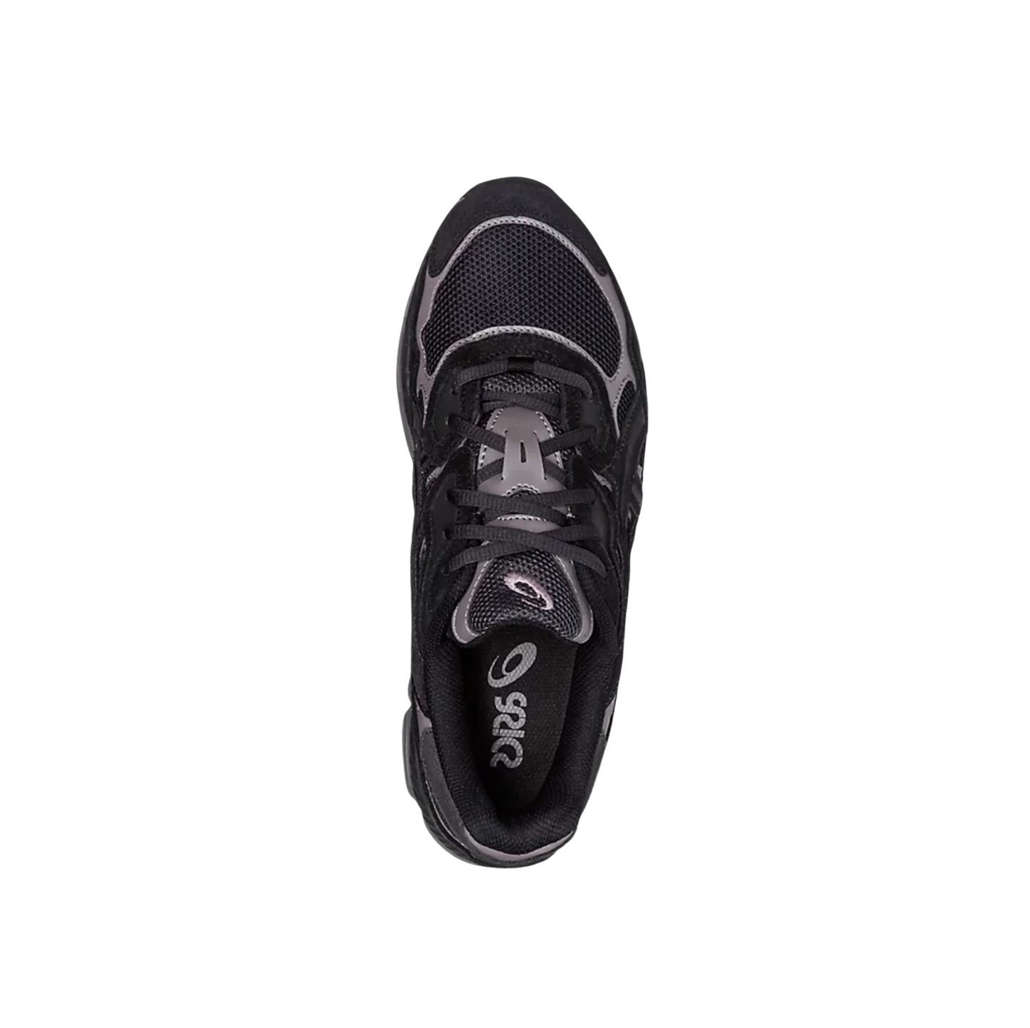 ASICS GEL NYC Graphite Grey Black – vue dessus des baskets rétro-tech avec tige cuir, mesh, lacets noirs et silhouette dynamique