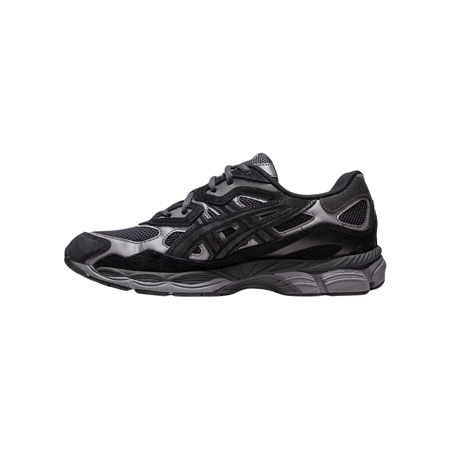 ASICS GEL-NYC Graphite Grey Black – vue latérale opposée des baskets rétro-performance avec empiècements graphiques et semelle gomme