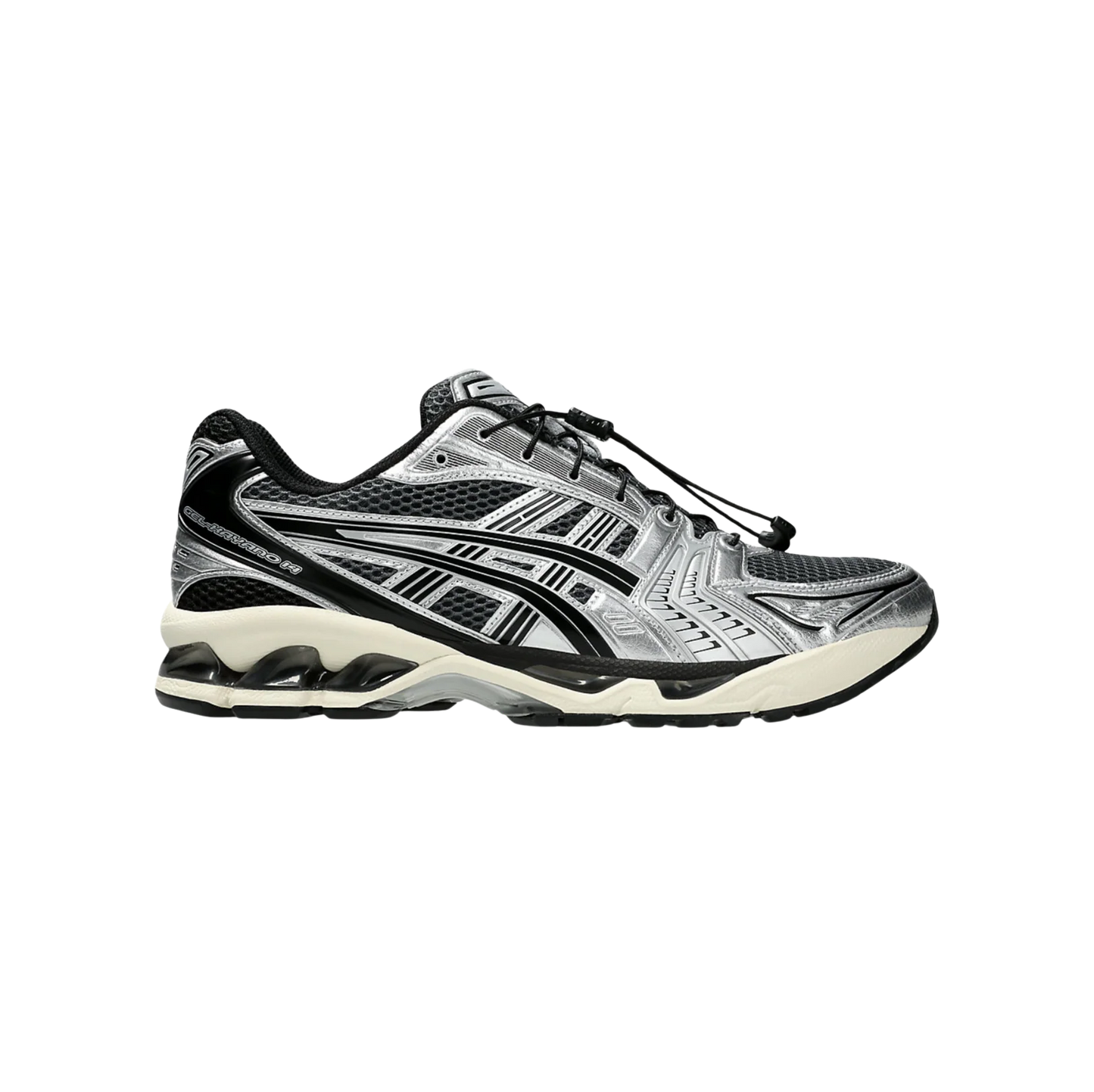 ASICS Kayano 14 Carrier Grey Black – vue latérale des baskets rétro-tech en textile respirant avec amorti GEL et semelle gomme