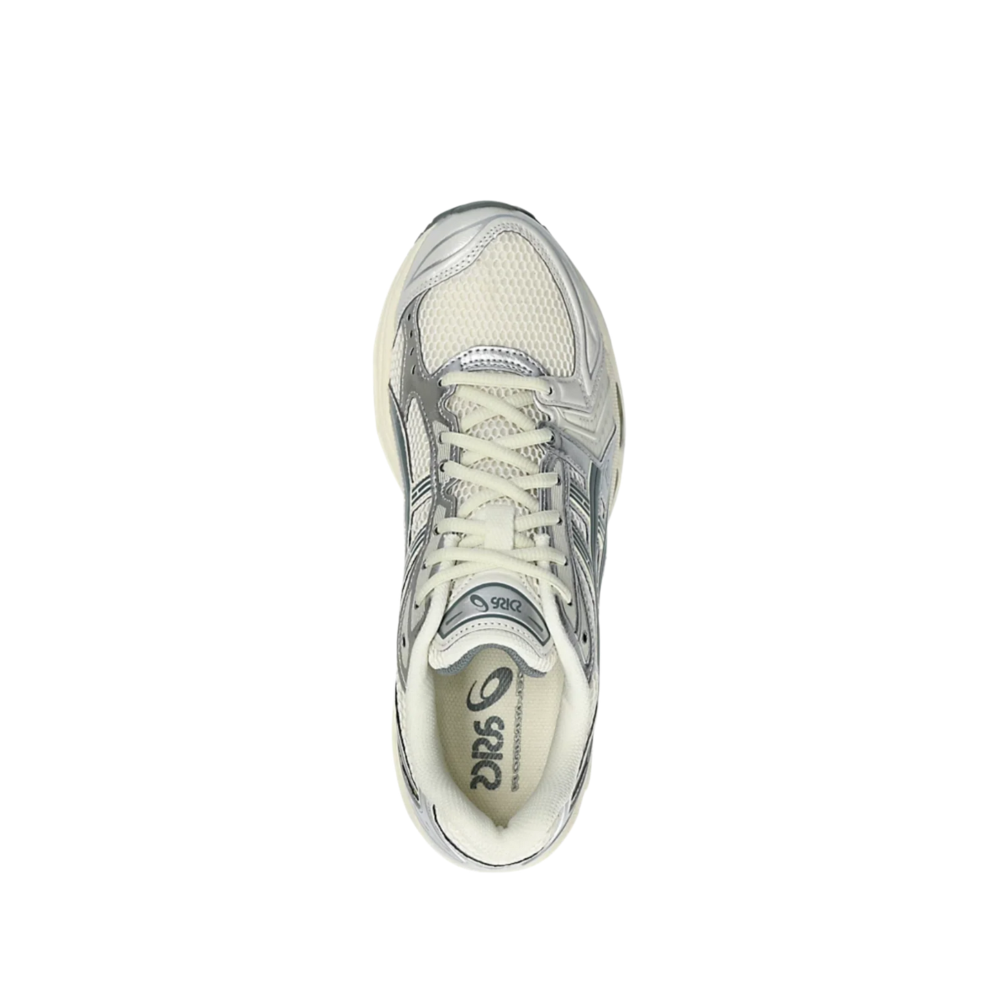 ASICS Kayano 14 Birch Dark Pewter – vue dessus des baskets rétro-tech en mesh respirant avec lacets crème et silhouette dynamique