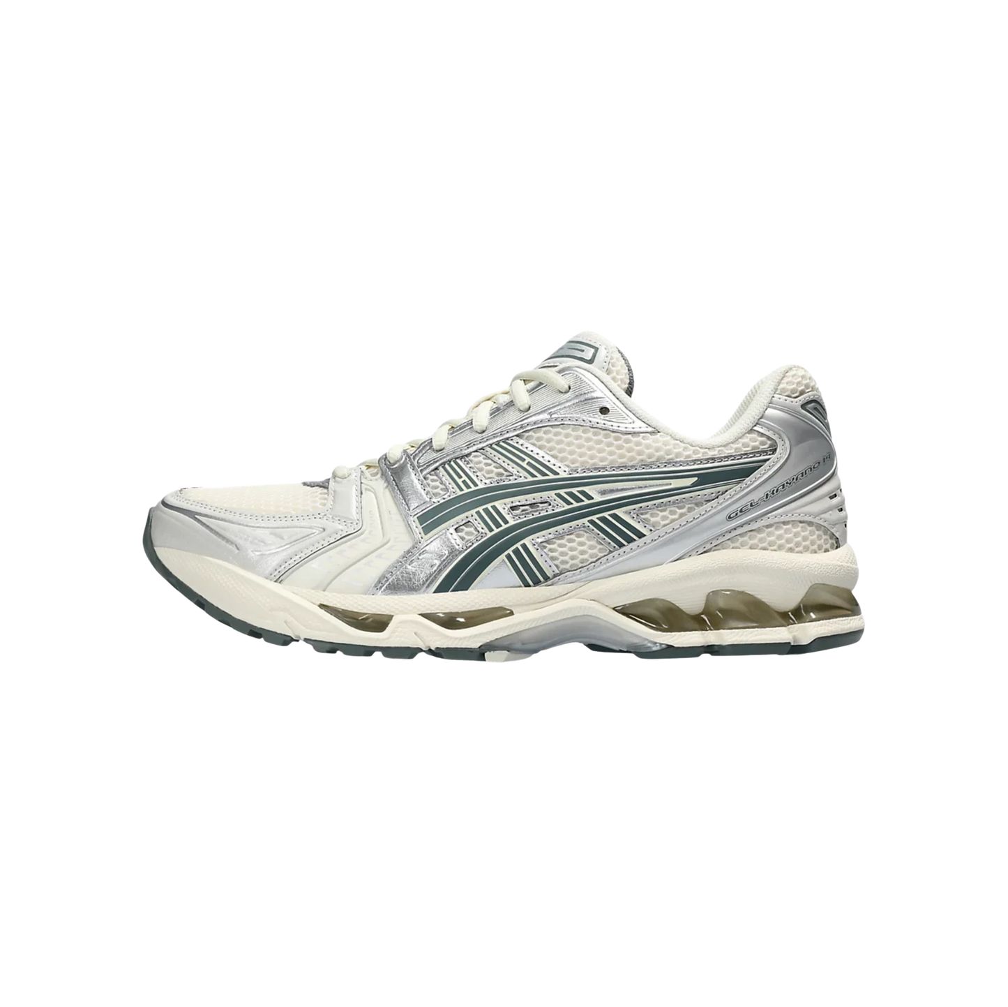 ASICS Kayano 14 Birch Dark Pewter – vue latérale opposée des baskets rétro-tech en mesh respirant avec amorti GEL et semelle épaisse