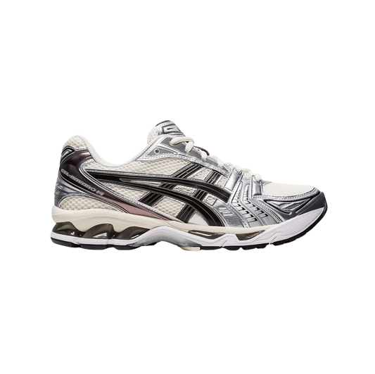 ASICS Kayano 14 White Midnight – vue latérale des baskets rétro-tech en mesh blanc avec amorti GEL™ et superpositions argentées