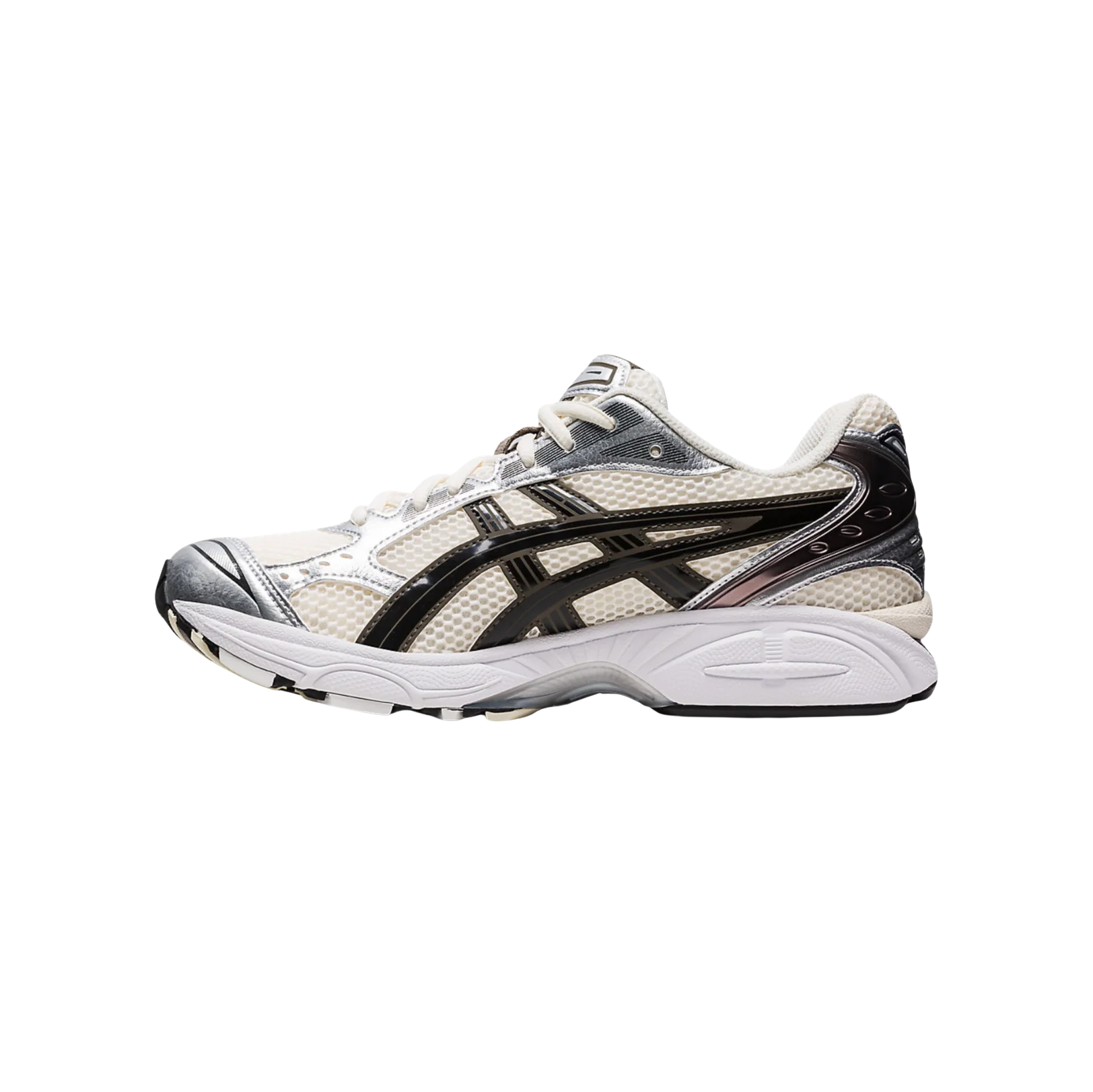 ASICS Kayano 14 White Midnight – vue latérale opposée des baskets rétro-tech avec mesh alvéolé, superpositions métalliques et semelle GEL™