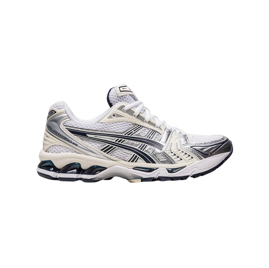 ASICS Kayano 14 White Midnight – vue latérale des baskets rétro-tech en mesh blanc avec amorti GEL et semelle en gomme