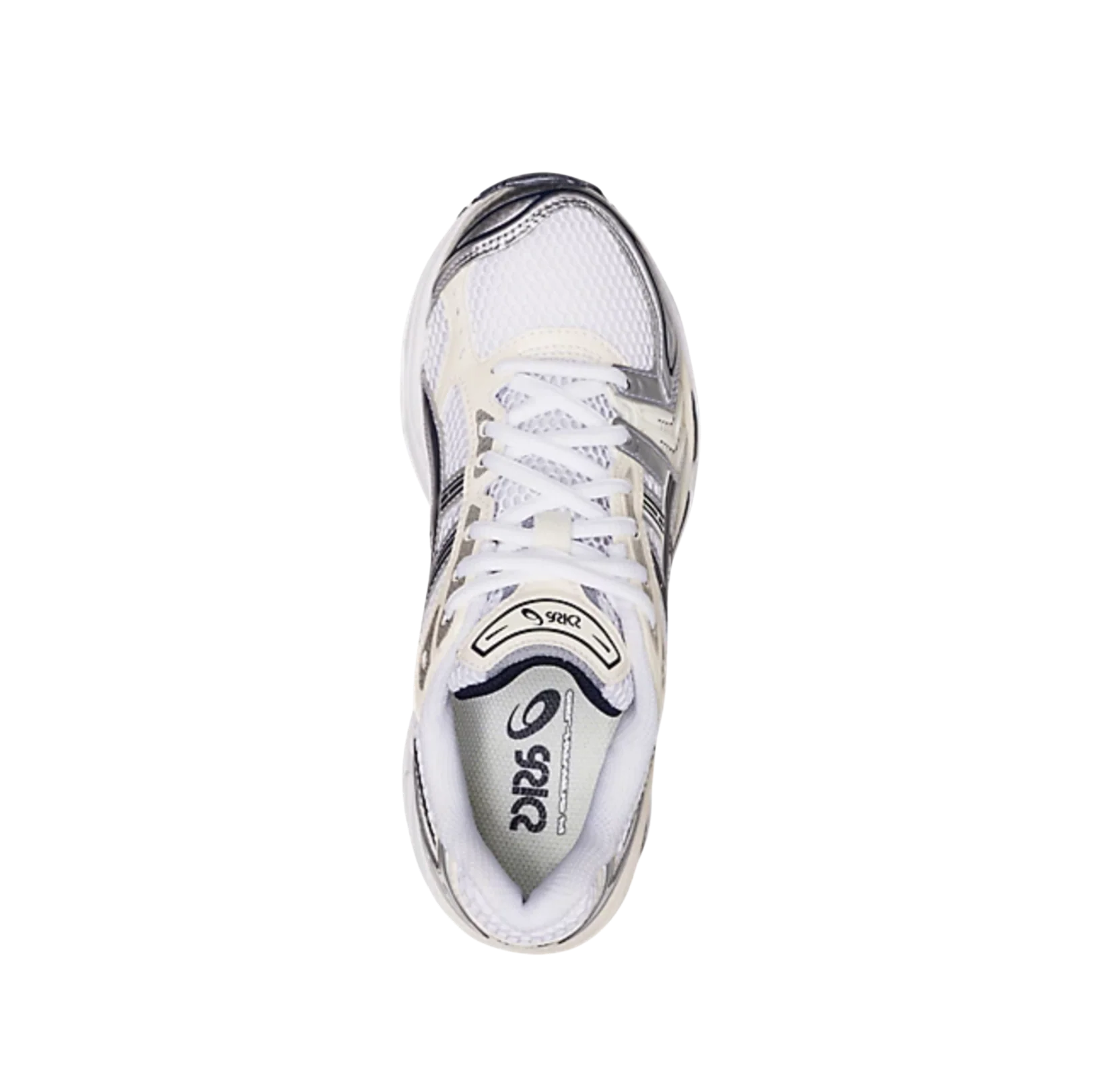 ASICS Kayano 14 White Midnight – vue dessus des baskets rétro-tech en mesh respirant blanc avec lacets blancs