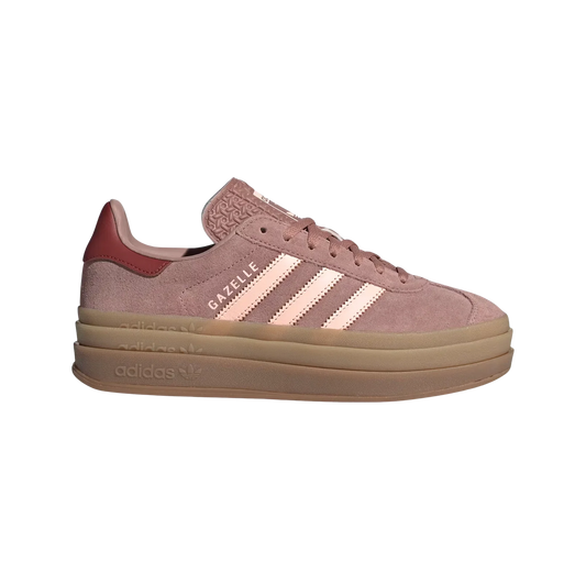 Adidas Gazelle Bold Clay – vue latérale des baskets rétro en suède avec semelle plateforme gomme et 3 bandes orange vif