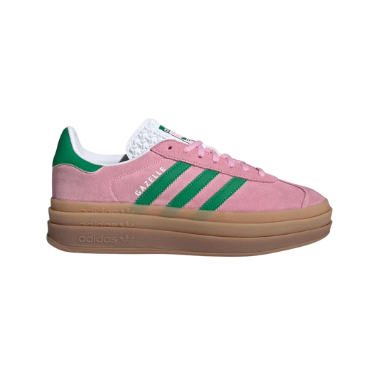 Adidas Gazelle Bold True Pink – vue latérale des baskets rétro en suède avec semelle plateforme gomme et bandes vertes