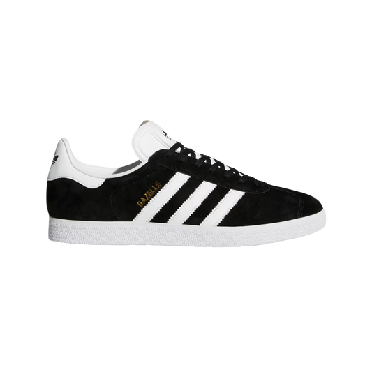didas Gazelle Core Black – vue latérale des baskets rétro en nubuck avec semelle gomme et bandes blanches