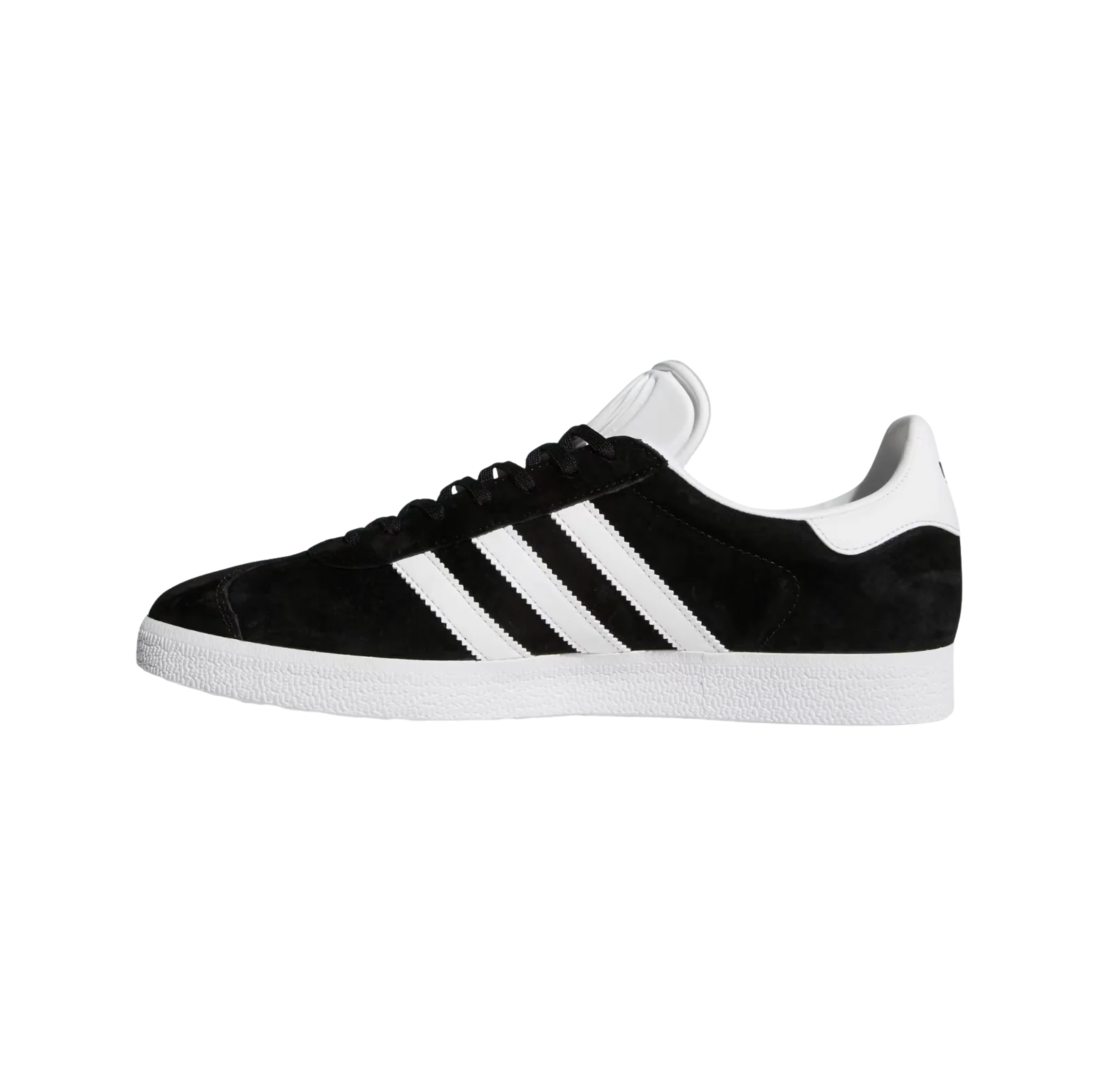 Adidas Gazelle Core Black – vue latérale opposée des baskets rétro en nubuck avec semelle gomme et bandes blanches